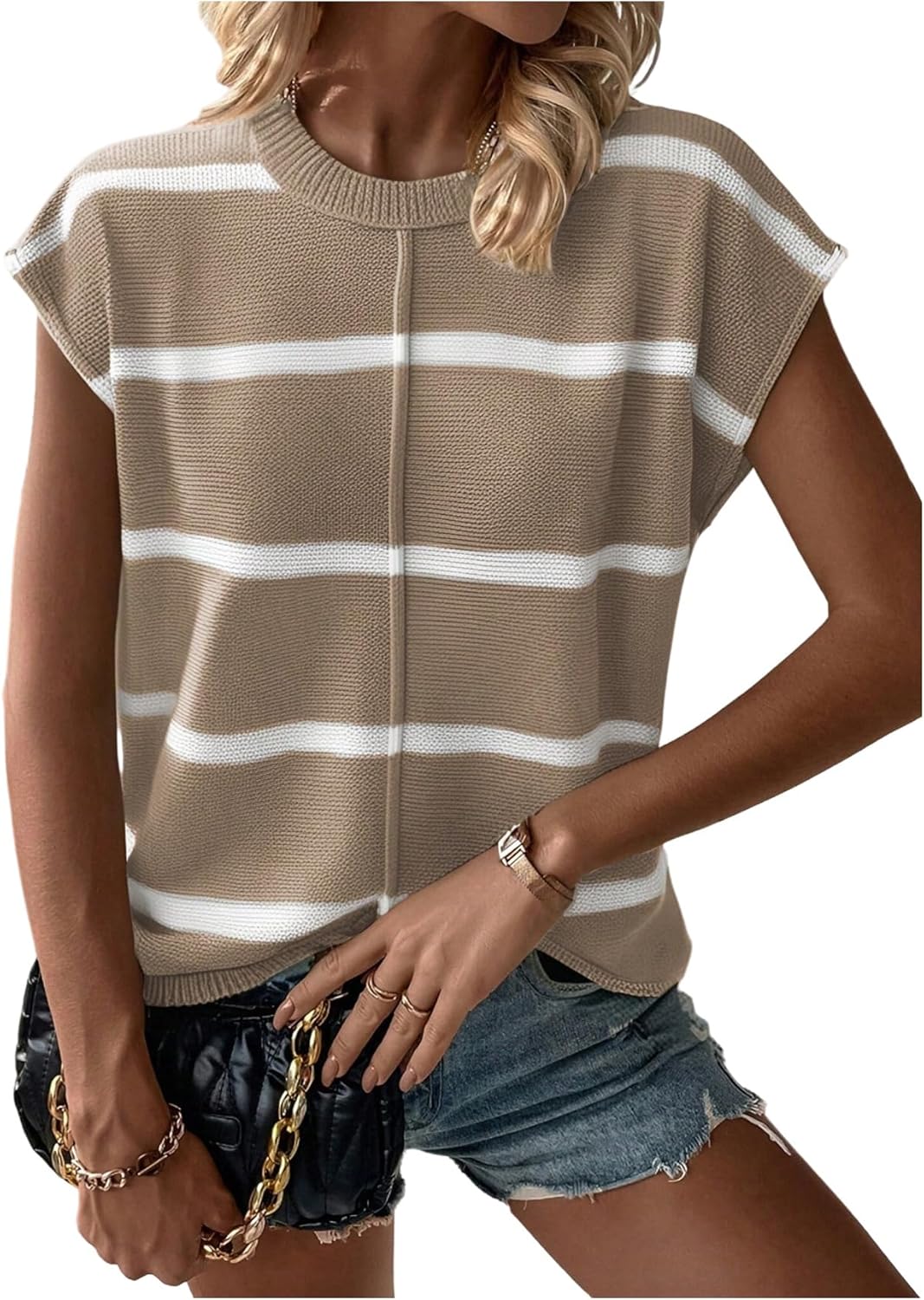SOLY HUX Women's Striped Sweater Vest Cap Sleeve Crew Neck Casual Knit Pullover Tops