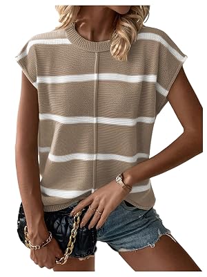 SOLY HUX Womens Striped Sweater Vest Cap Sleeve Crew Neck Casual Knit Pullover Tops