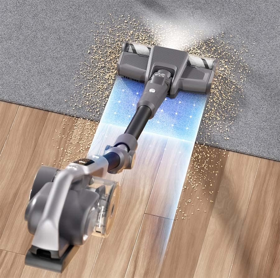Jimmy H8 Flex Cordless Vacuum Cleaner LED brush illuminating dust on a hard floor