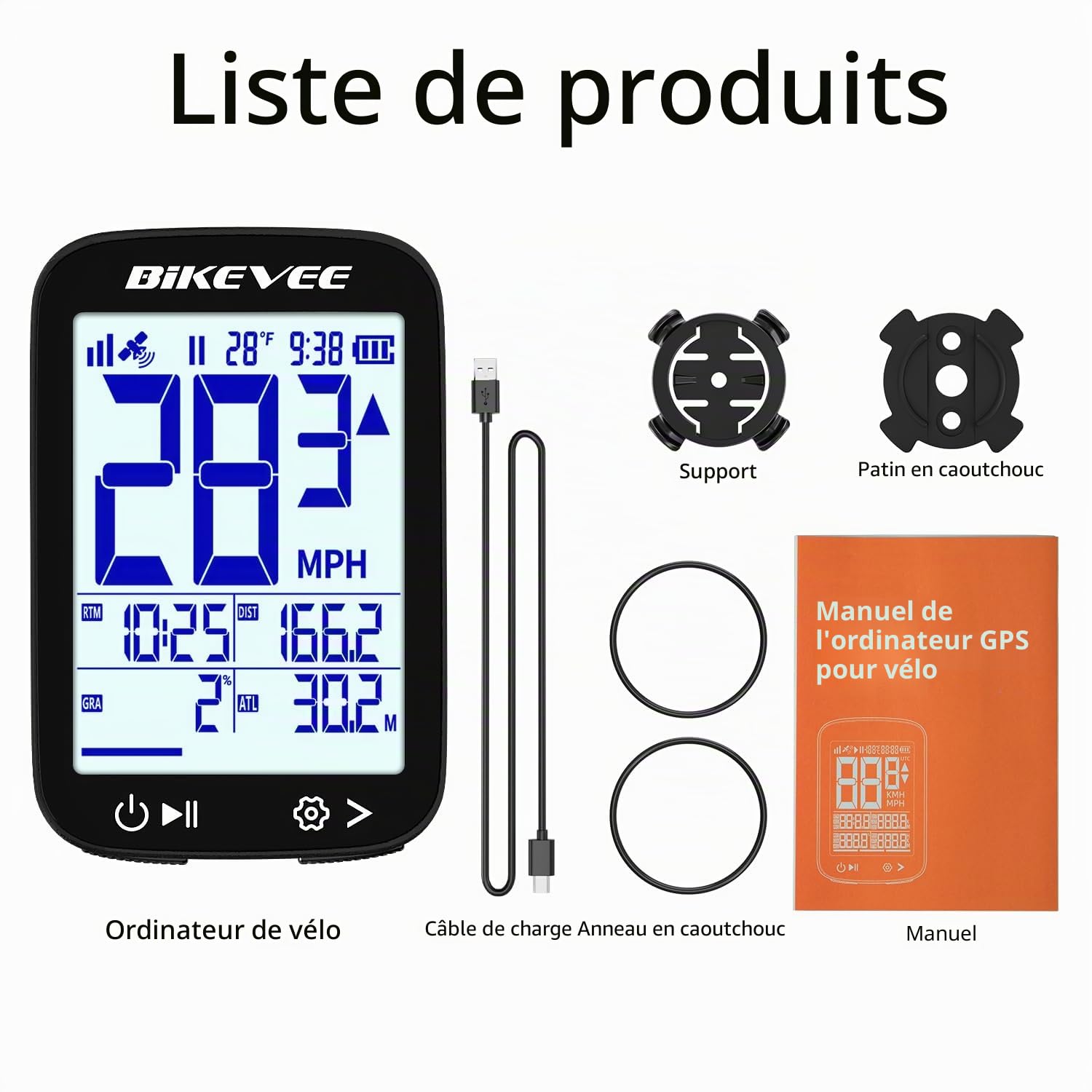 Ordinateur de vélo GPS sans fil étanche 2,4" FSTN écran IPX7 28 h d'autonomie léger compteur de vitesse avec vitesse, distance, hauteur, température dégradée
