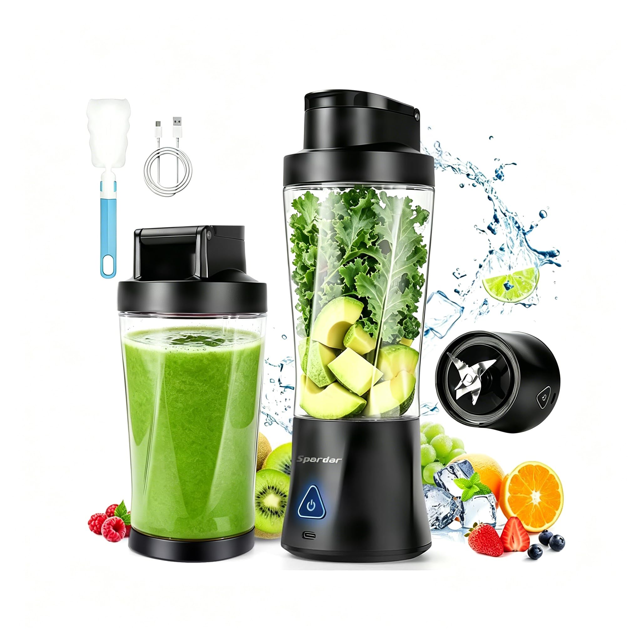 Smoothie Maker to go Blender Portable 700 ml 6000 mAh Fonction Autonettoyante Avec 6 Lames Tranchantes et Brosse de Nettoyage Convient pour la Préparation de jus et de Milkshake Noir