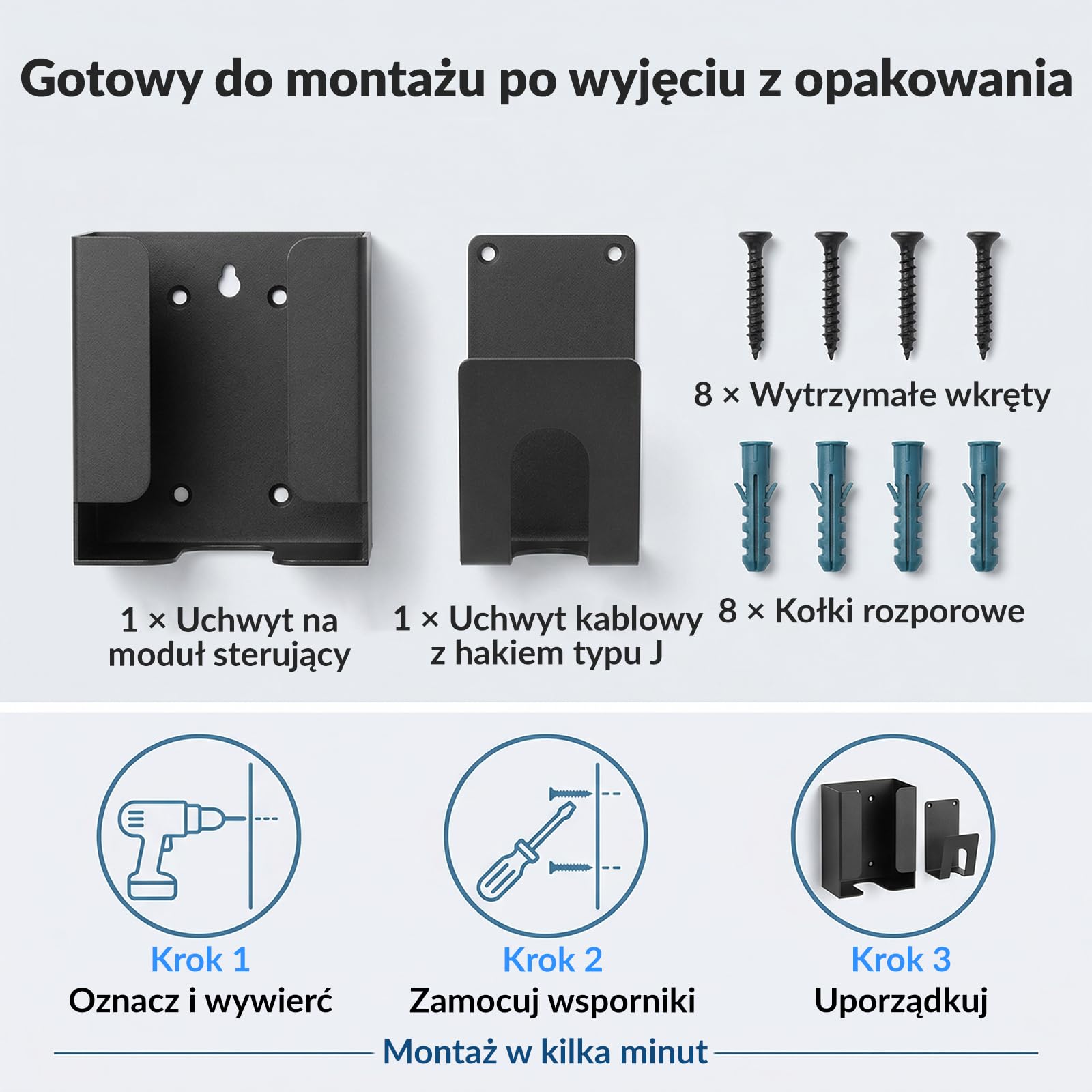 Zestaw Uchwytów do Ładowarki EV - Ścienny Organizer (Uchwyt na Skrzynkę Kontrolną & Hakiem J) do Przenośnych Stacji Ładowania Elektrycznych, Wytrzymały Metalowy Wspornik Kabli EV