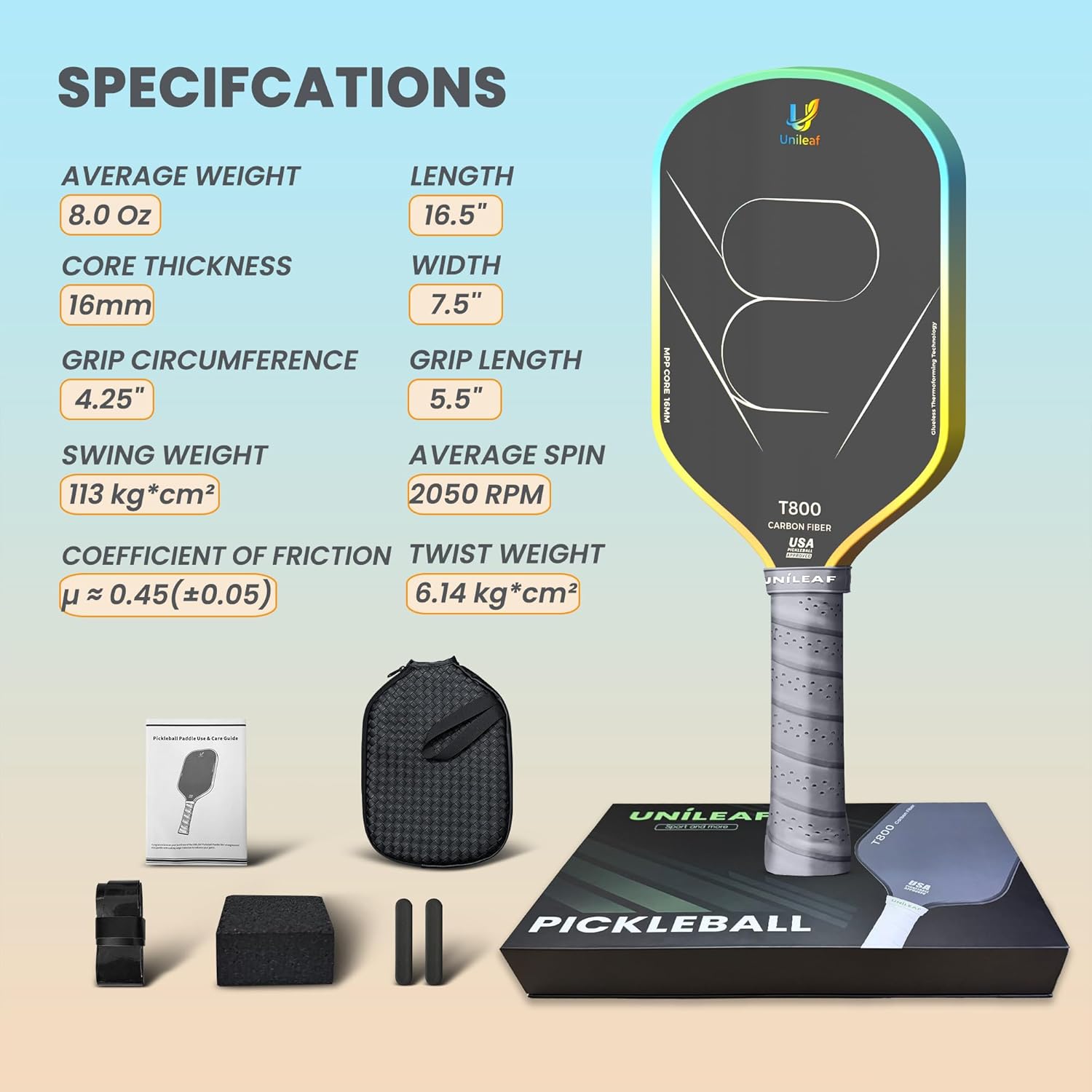 UNILEAF Pickleball Paddle, Power Gen 4 FullFoam Core Tech, T800 Raw Carbon Fiber, Increases Spin & Dwell, Oversized Sweet Spot, Integrated Thermoforming Technology, Ideal for Advanced Players