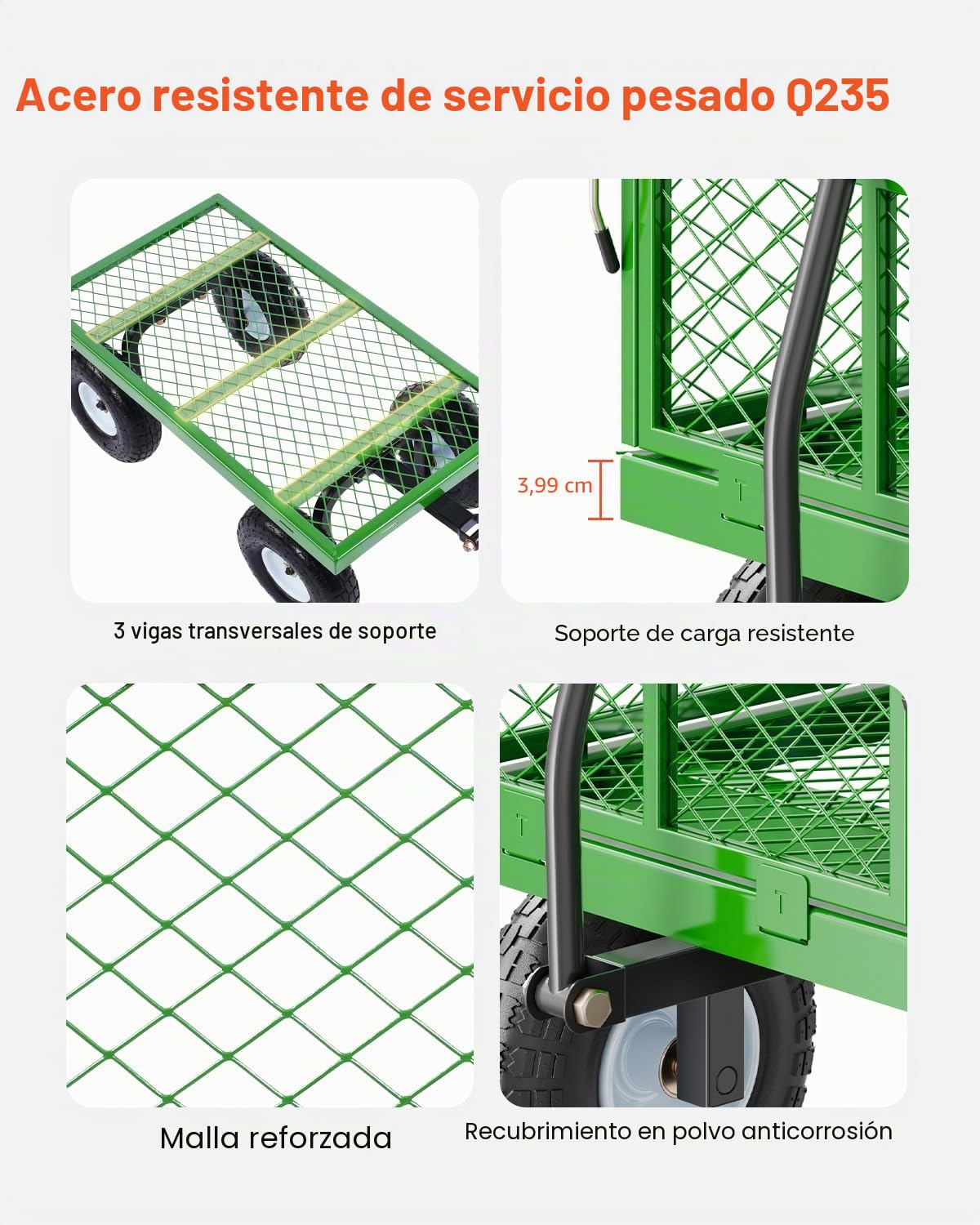 VEVOR Carrito de Jardín de Acero de 1700 x 480 x 515 mm con Neumáticos de 10", Laterales de Malla Extraíbles y Manija Giratoria de 180° para Exterior, Capacidad máxima de Carga de 308,44 kg, Verde