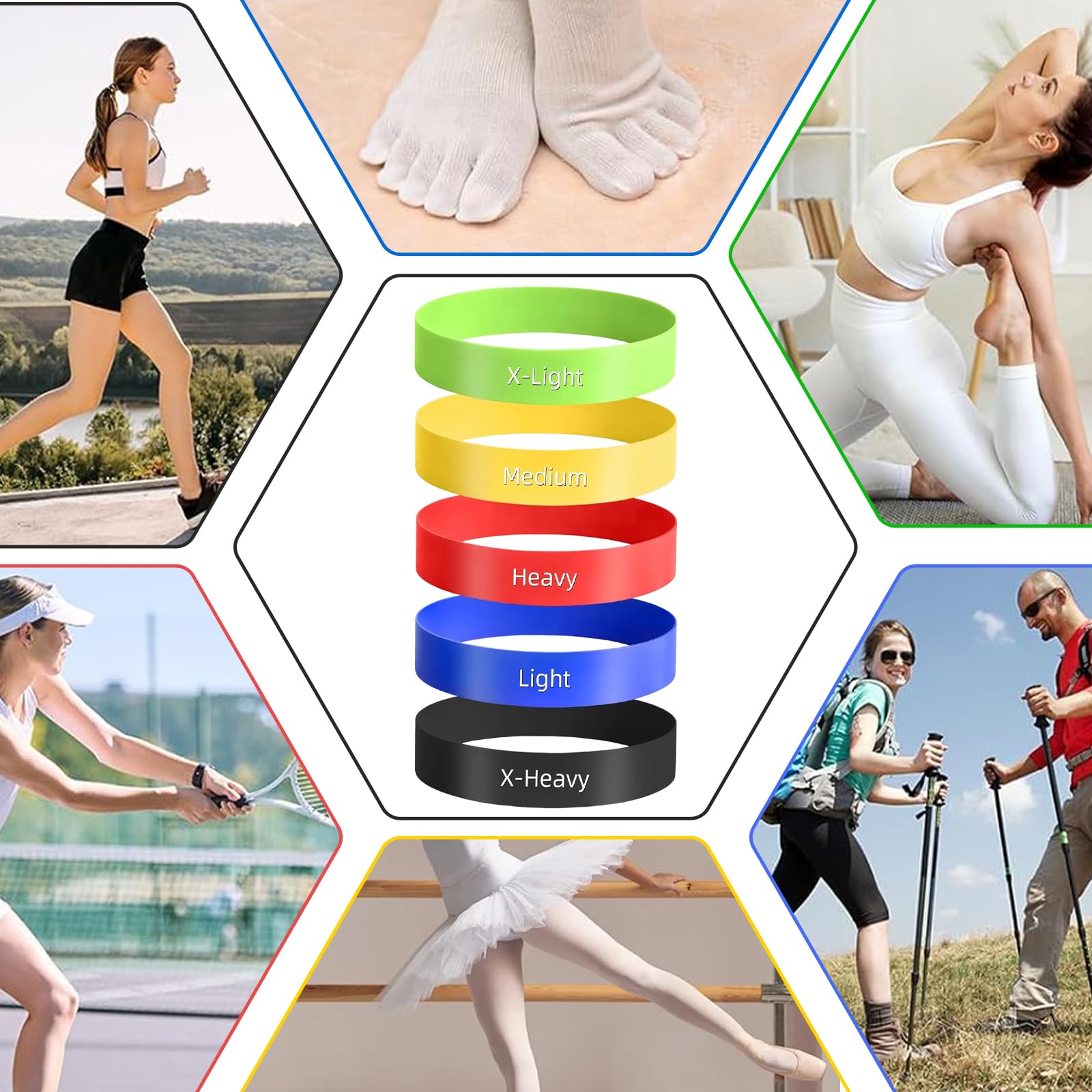 5 Piezas Bandas Elásticas de Látex para Pies, Bandas Elásticas para Corregir Juanetes, Estiramiento y Alineación de Dedos con Bolsa, Ideal para Pilates, Yoga, Ejercicio en Casa