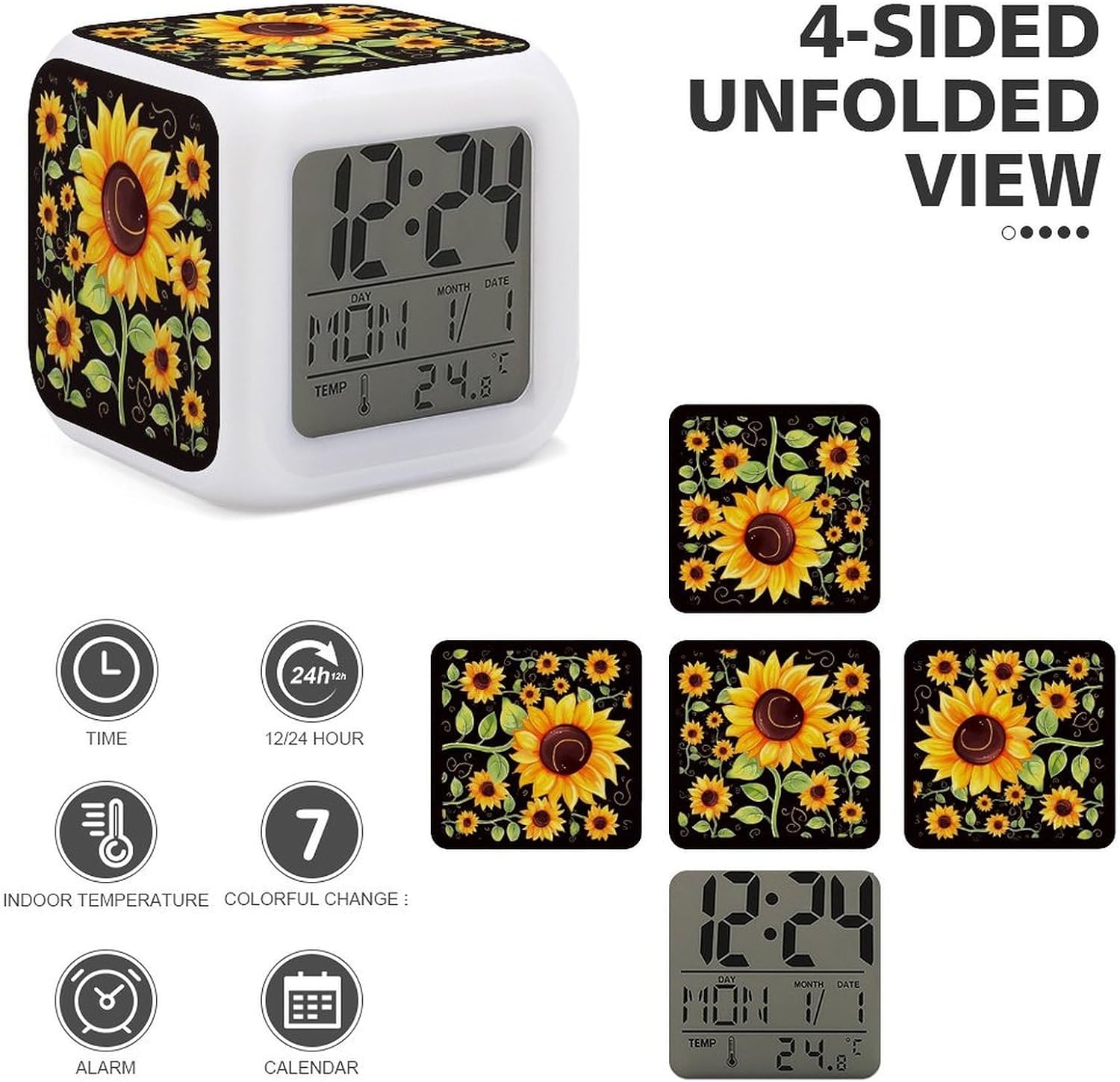Digital Alarm Clock Square Desk Clocks, Cute Sunflower image 3