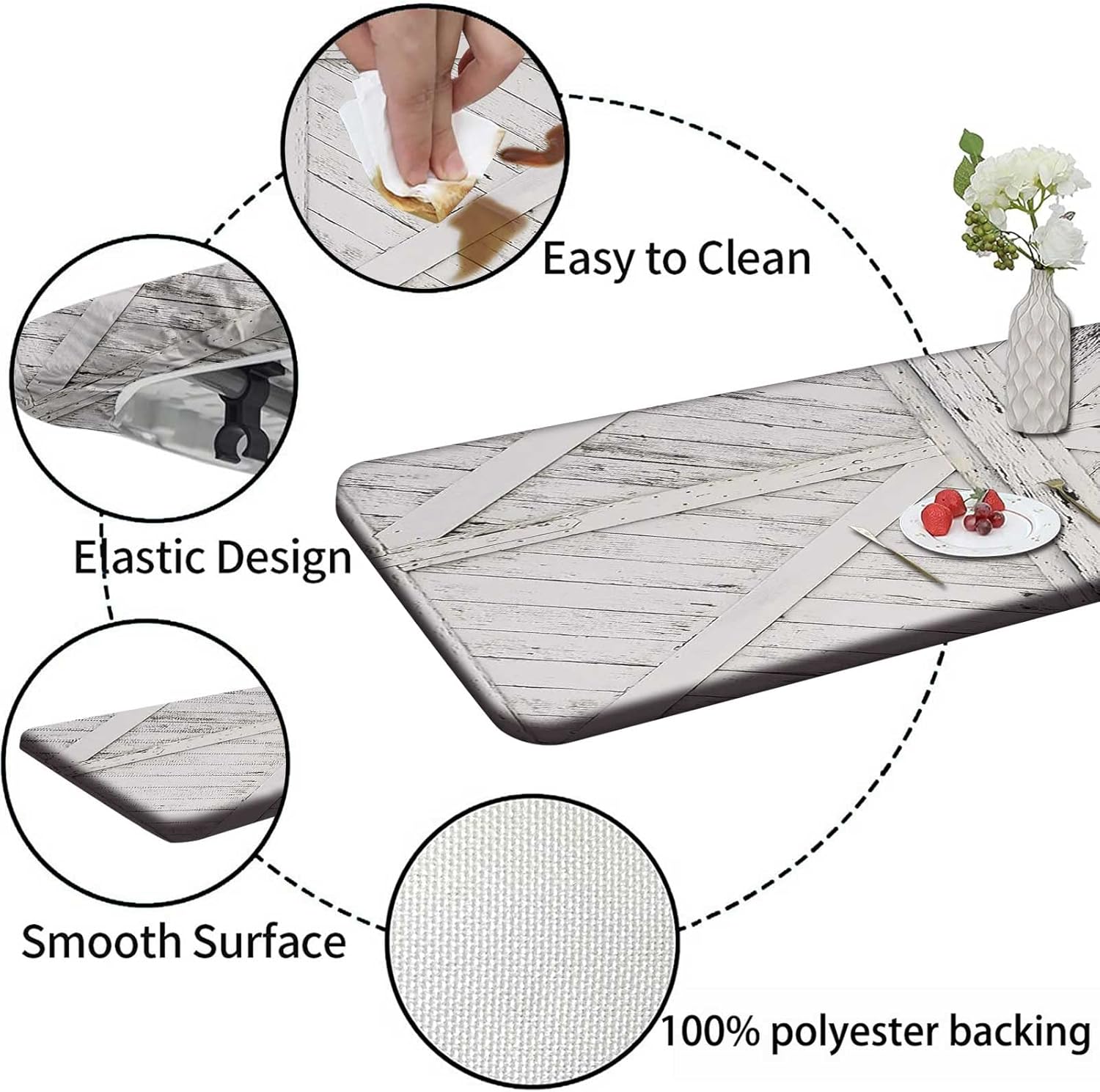 Rustic Barn Rectangle Fitted Tablecloth for 4ft Rectangle Tables, Elastic Edged Polyester Wooden Farmhouse Table Cover, for Outdoor Indoor Kitchen Coffee Table Decor, 24x48 inch, Gray White