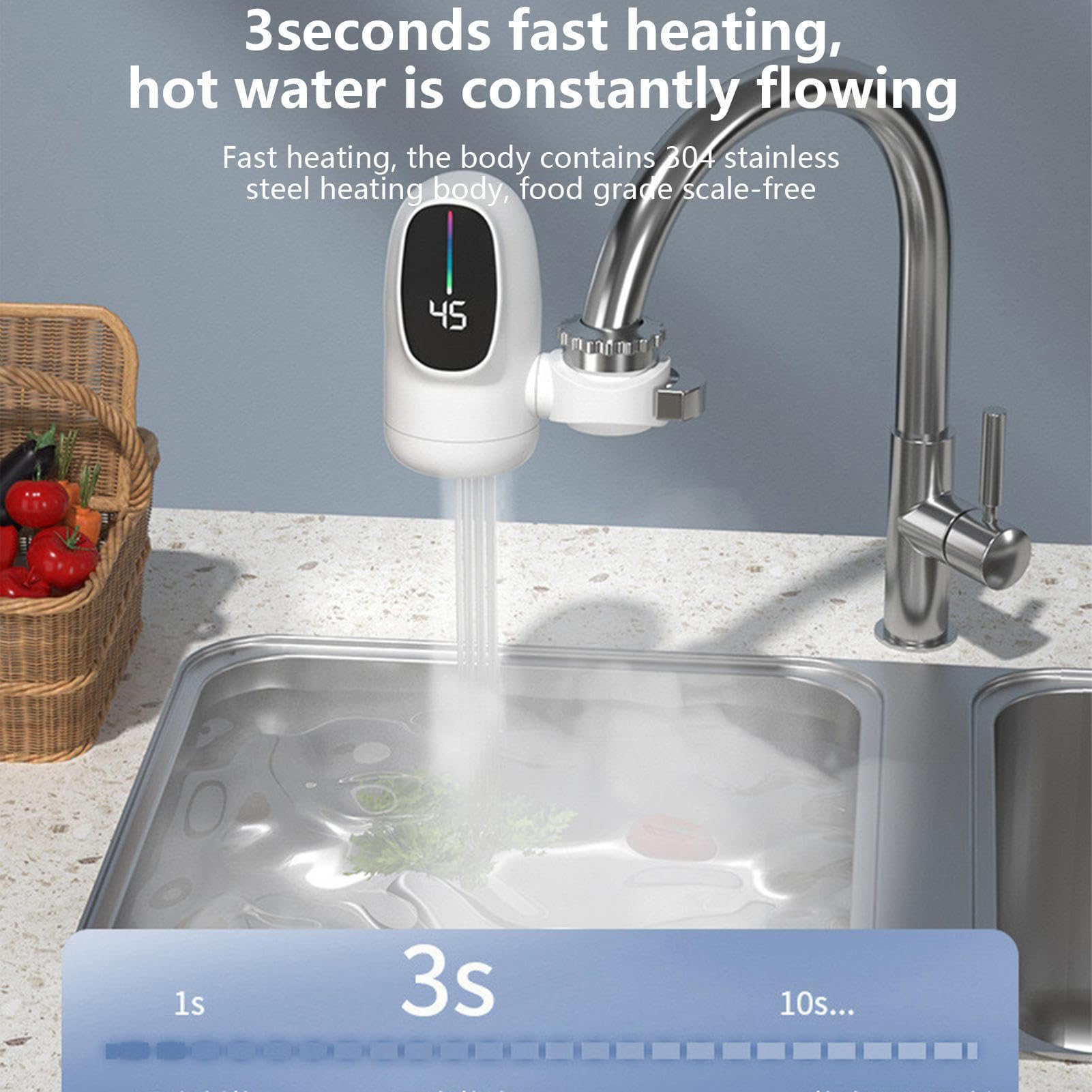 Rubinetto Acqua Calda Istantanea - Rubinetto a Riscaldamento Rapido con Display Digitale LED - Potenza 3000W per Bagno Casa Cucina Interni