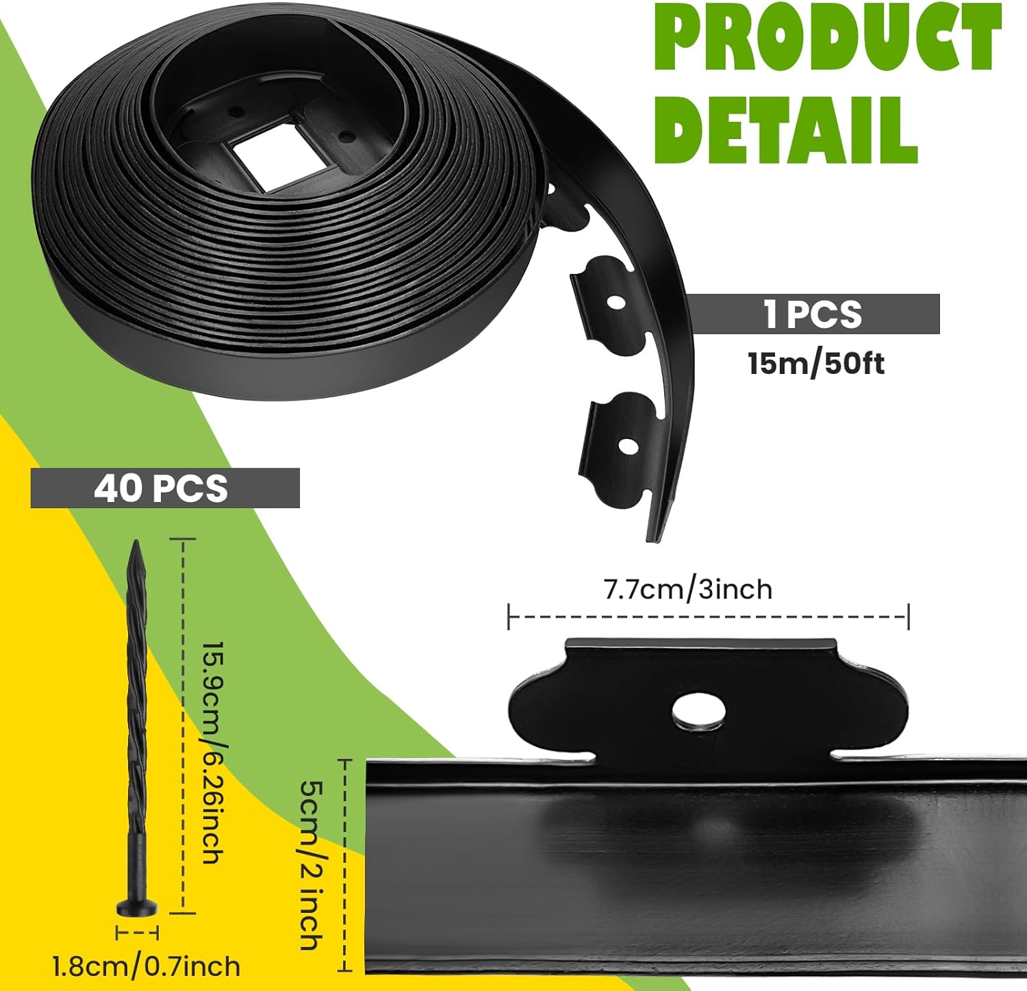 Landscape Edging 2 Inch Tall 33 FT, Garden Edging Coil with 40 pcs Spikes, Edging Border Coil for Landscaping, Flower Beds, Lawn, and Yard - Black