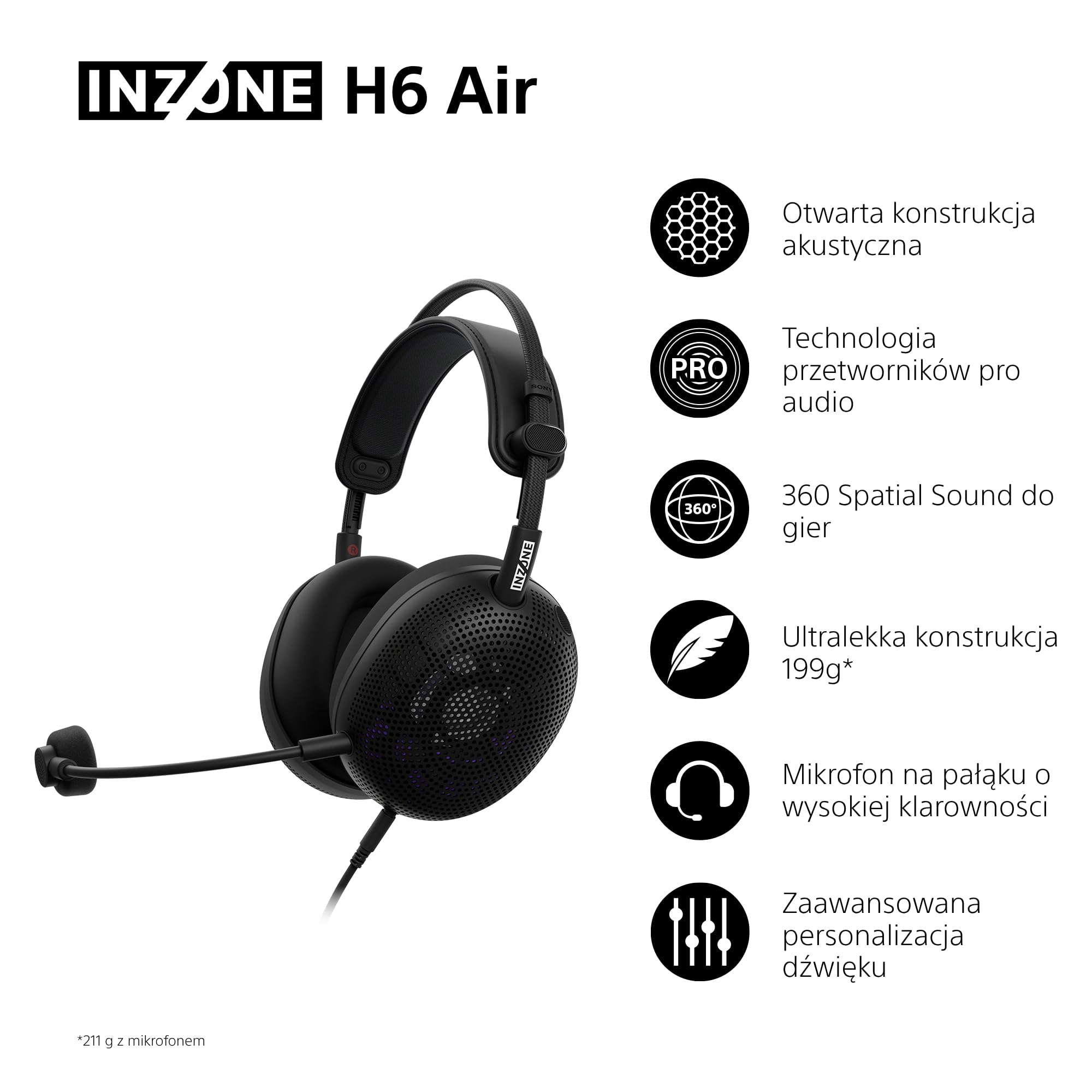 Sony INZONE H6 Air otwarty przewodowy zestaw słuchawkowy gamingowy, 360 Spatial Sound for Gaming, ultralekka konstrukcja 199 g, odłączany mikrofon na wysięgniku, INZONE Hub Custom EQ, PC/PS5, czarny
