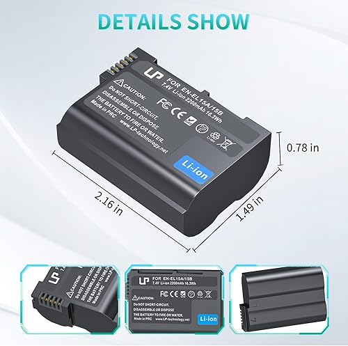 Vista 12 de Paquete de baterías EN-EL15, LP EN-EL15 EN EL15a, batería de repuesto recargable de iones de litio compatible con Nikon D7500, D7200, D7100, D7000