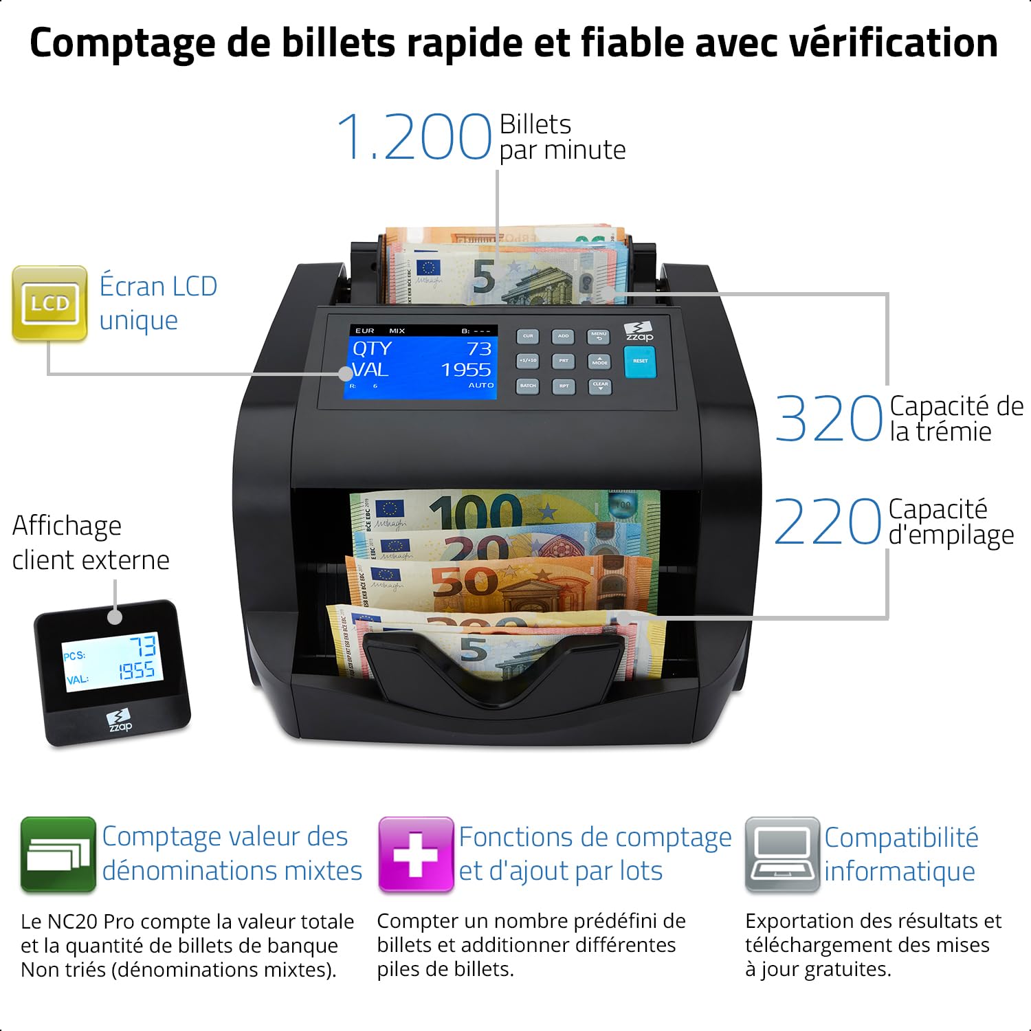 ZZap NC20 Pro Compteur de billets pour coupures mixtes & détecteur de faux billets – Machine à compter les billets, compteur de billets bancaires, compteur de valeur
