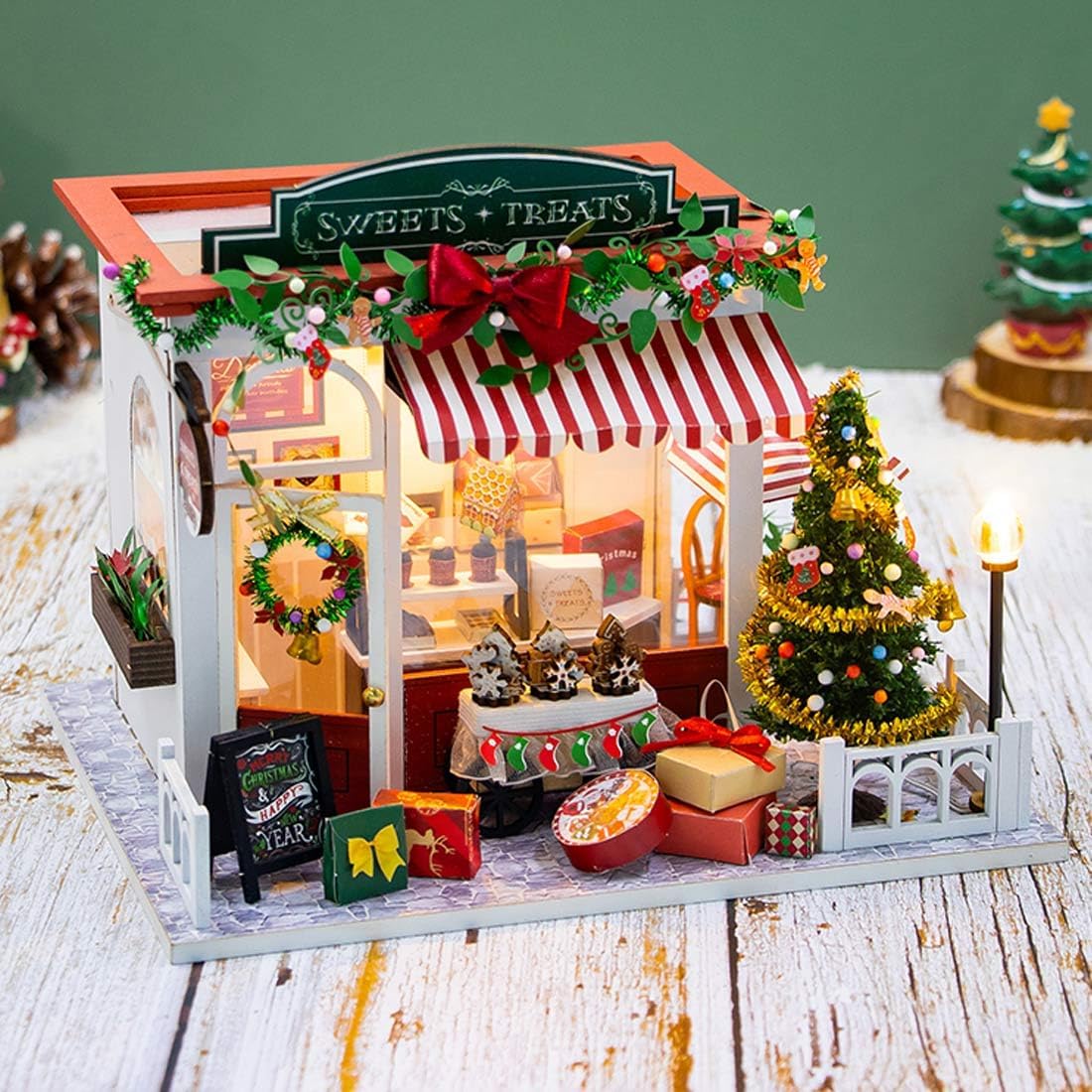 Miniature House Kit for Adult and Teens, Christmas Candy House Building Kit for Family and Friends, Mini Wooden Dollhouse Kit for Halloween Christmas Birthday Gifts (Christmas Candy House)