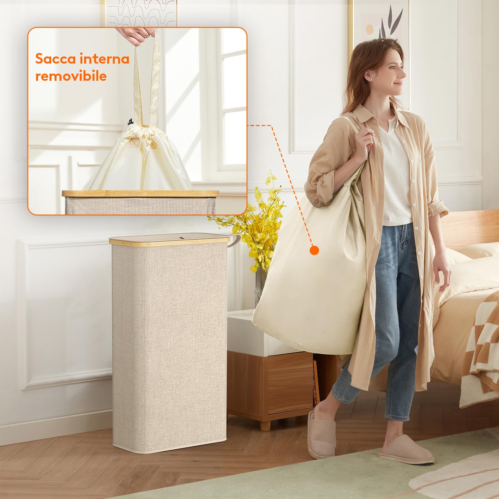 Lifewit Cesto Portabiancheria Salvaspazio, Cesta Biancheria Sporca con Coperchio, Porta Biancheria Sporca Slim per Bagno, Laundry Basket per Camera da Letto, Bagno, Lavanderia, 70 L, Beige