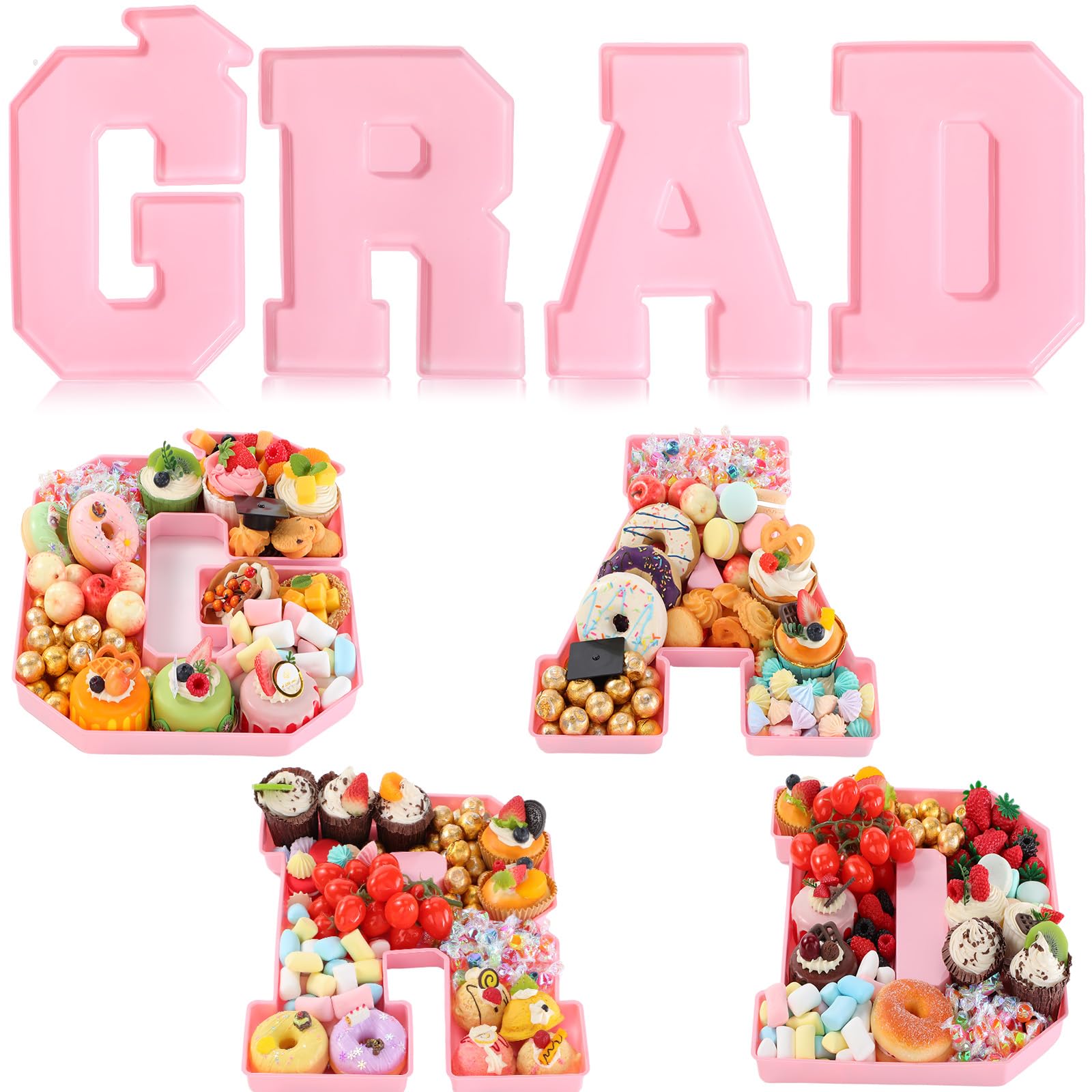 Tellingyou 4 Pcs 13.7" 2026 Graduation Number Fillable for Charcuterie Disposable Mache Box Chocolate Candy Tray Grad Container Decoration(Pink,Grad)