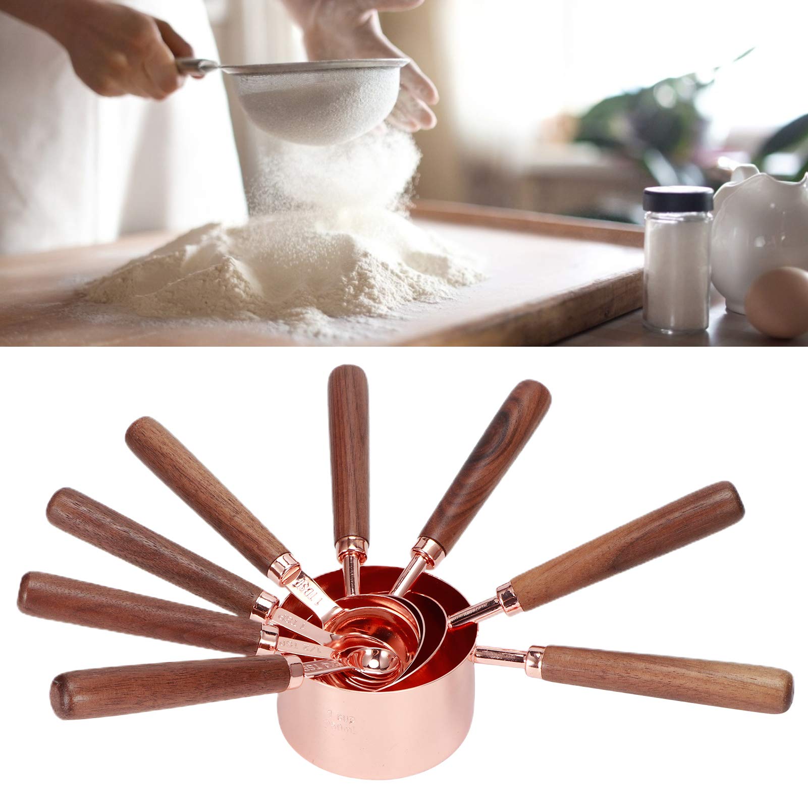 Ensemble de Cuillères à Mesurer en or Rose, 8 Pièces en Acier Inoxydable avec Manche en Bois de Noyer pour la Cuisson en Cuisine