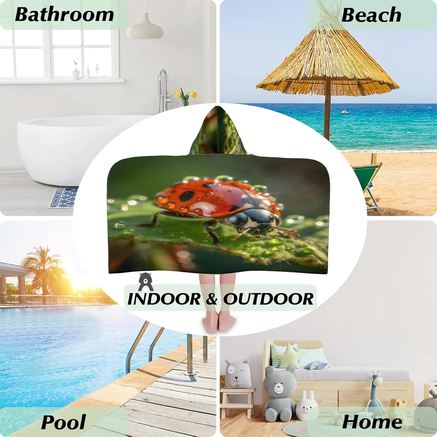 Animal Ladybugs Hooded Towels for Kids Absorbent Soft Pool Swim Beach Bath Towel for Boys Girls, 24 in x 50 in