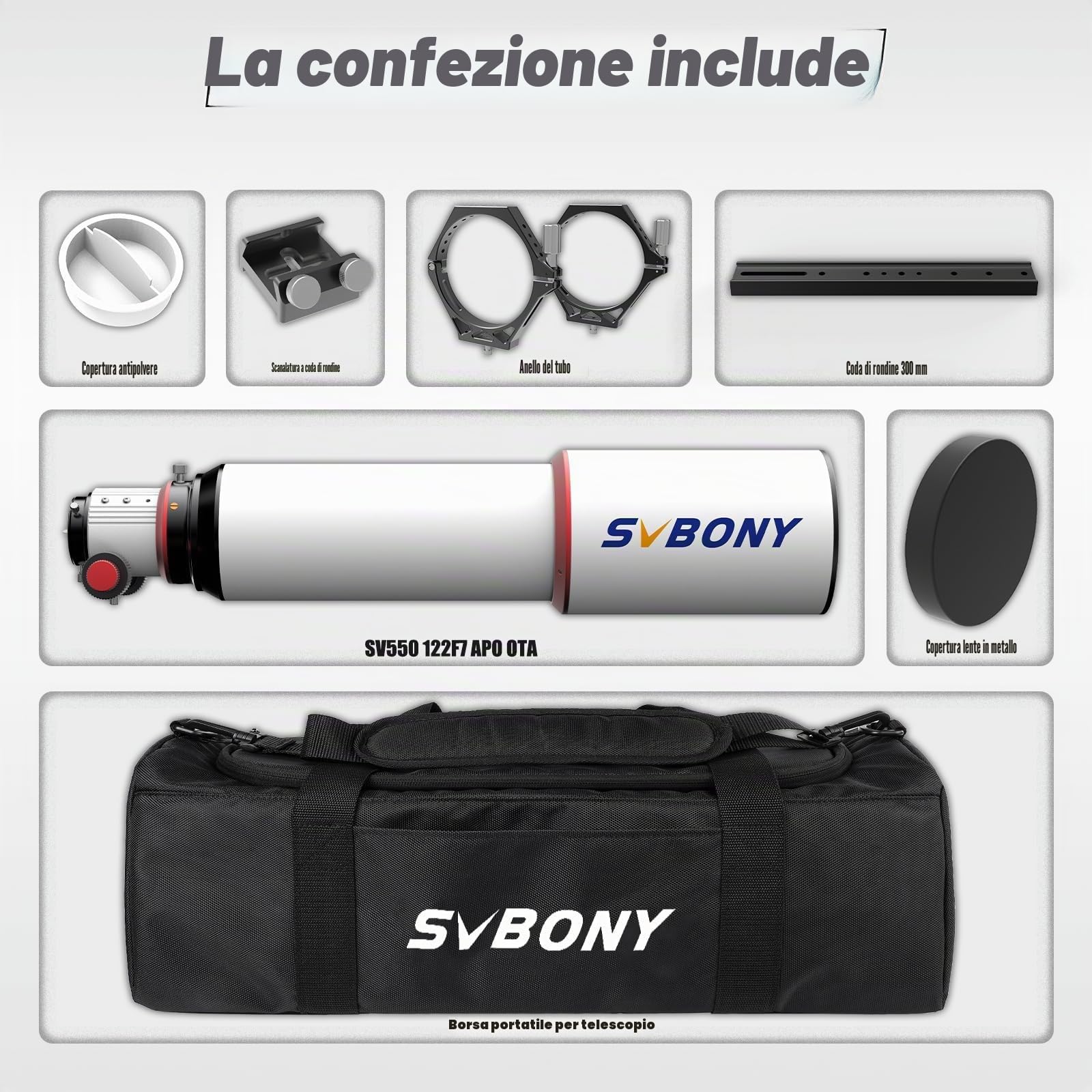 SVBONY Telescopio SV550 APO per adulti ad alta potenza, 122 mm, F7, rifrattore apocromatico, telescopio rifrattore apocromatico con 300 mm versatile a coda di rondine e borsa, per astrofotografia e