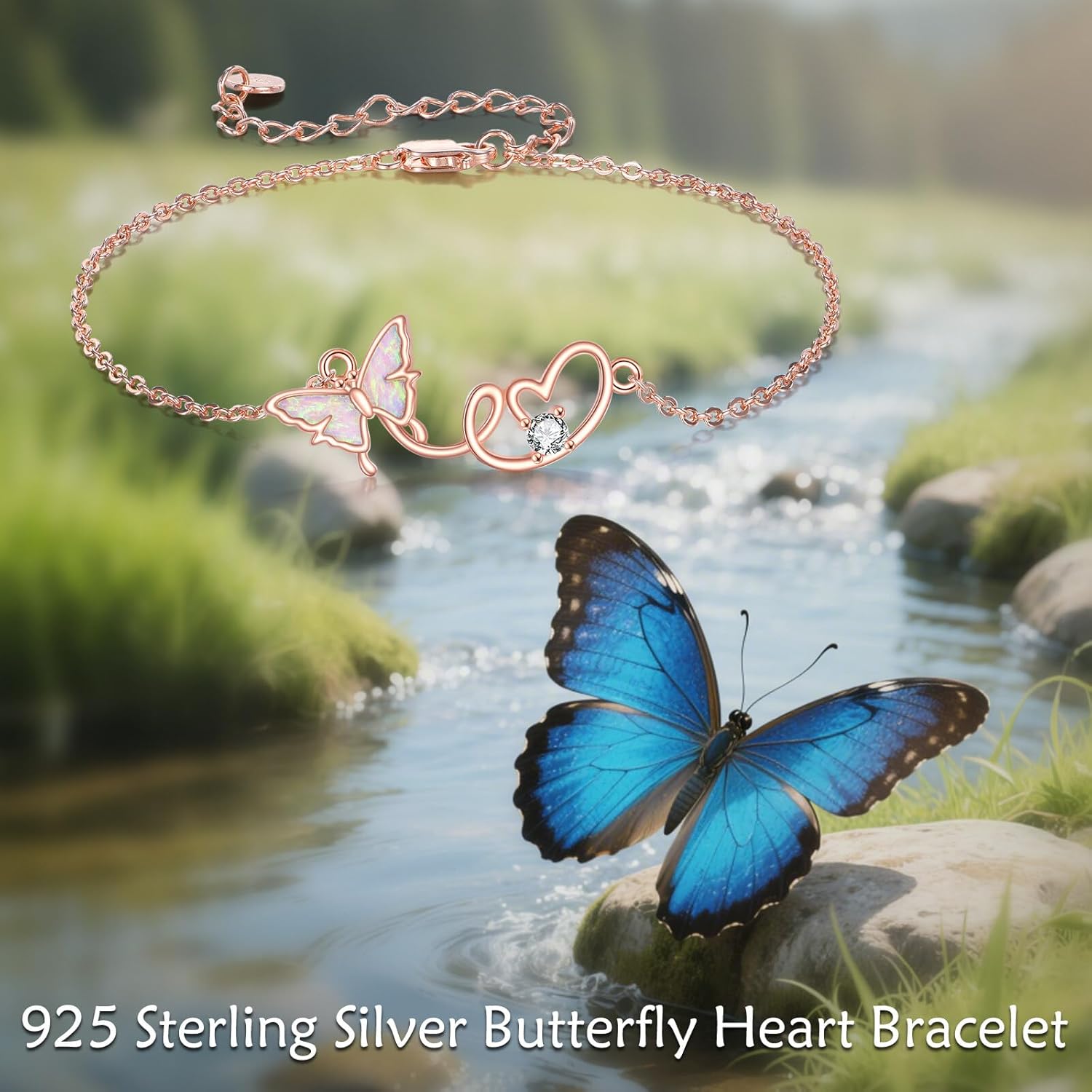 Pink Opal Butterfly Bracelet Women, 925 Sterling Silver Moissanite Butterfly Heart Charm Bracelet, Fine Jewelry Anniversary Birthday Gift for Wife Mother Girlfriend 7+2 Inch