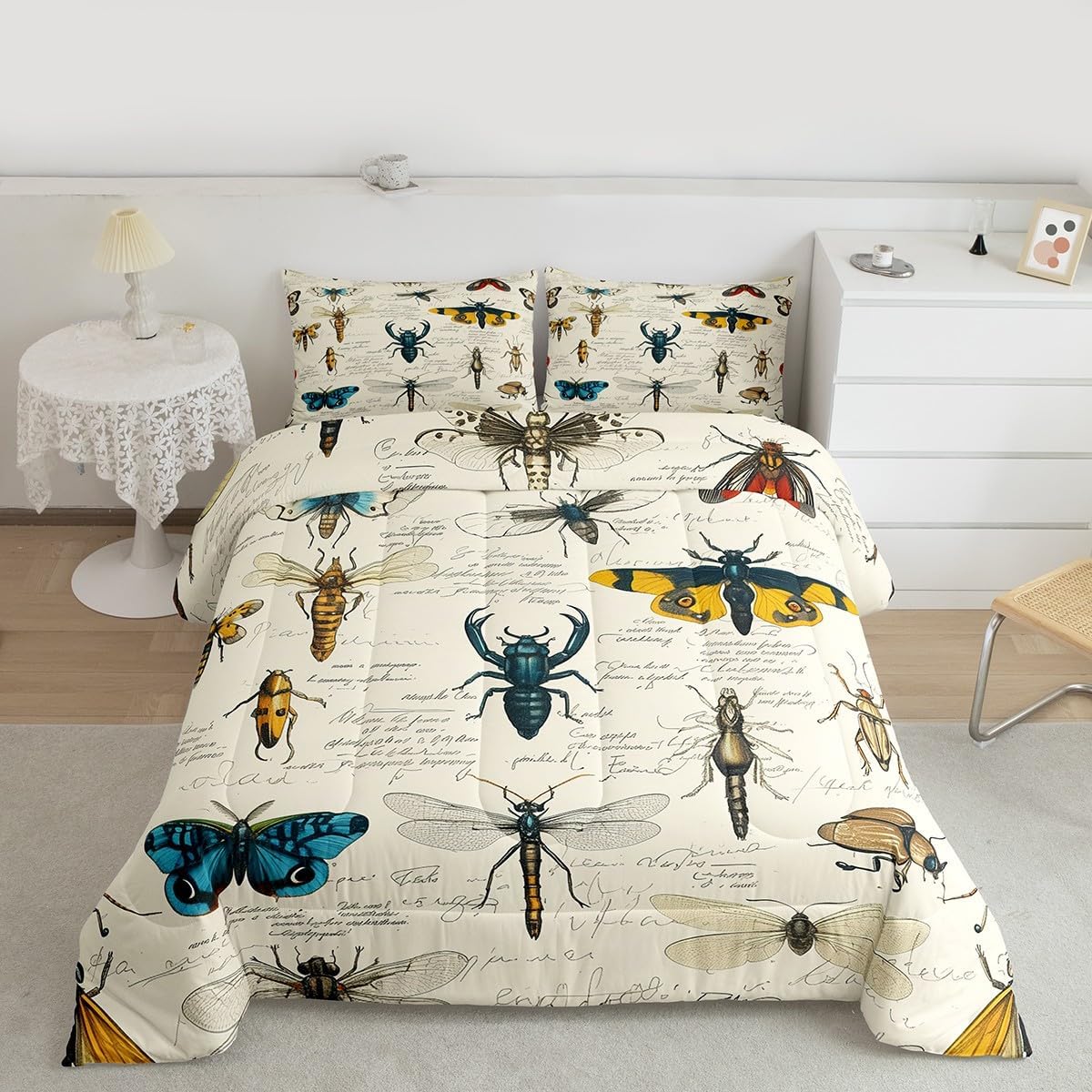 Insects Comforter Set Full Size,Colorful Butterfly Moth Bug and Beetles Pattern Bedding Set,Nature Entomological Quilt Set for Kids Boys Girls Adult Room Decor,Rustic Retro Duvet Insert 3Pcs