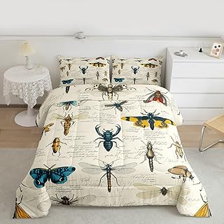 Insects Comforter Set Full Size,Colorful Butterfly Moth Bug and Beetles Pattern Bedding Set,Nature Entomological Quilt Set for Kids Boys Girls Adult Room Decor,Rustic Retro Duvet Insert 3Pcs