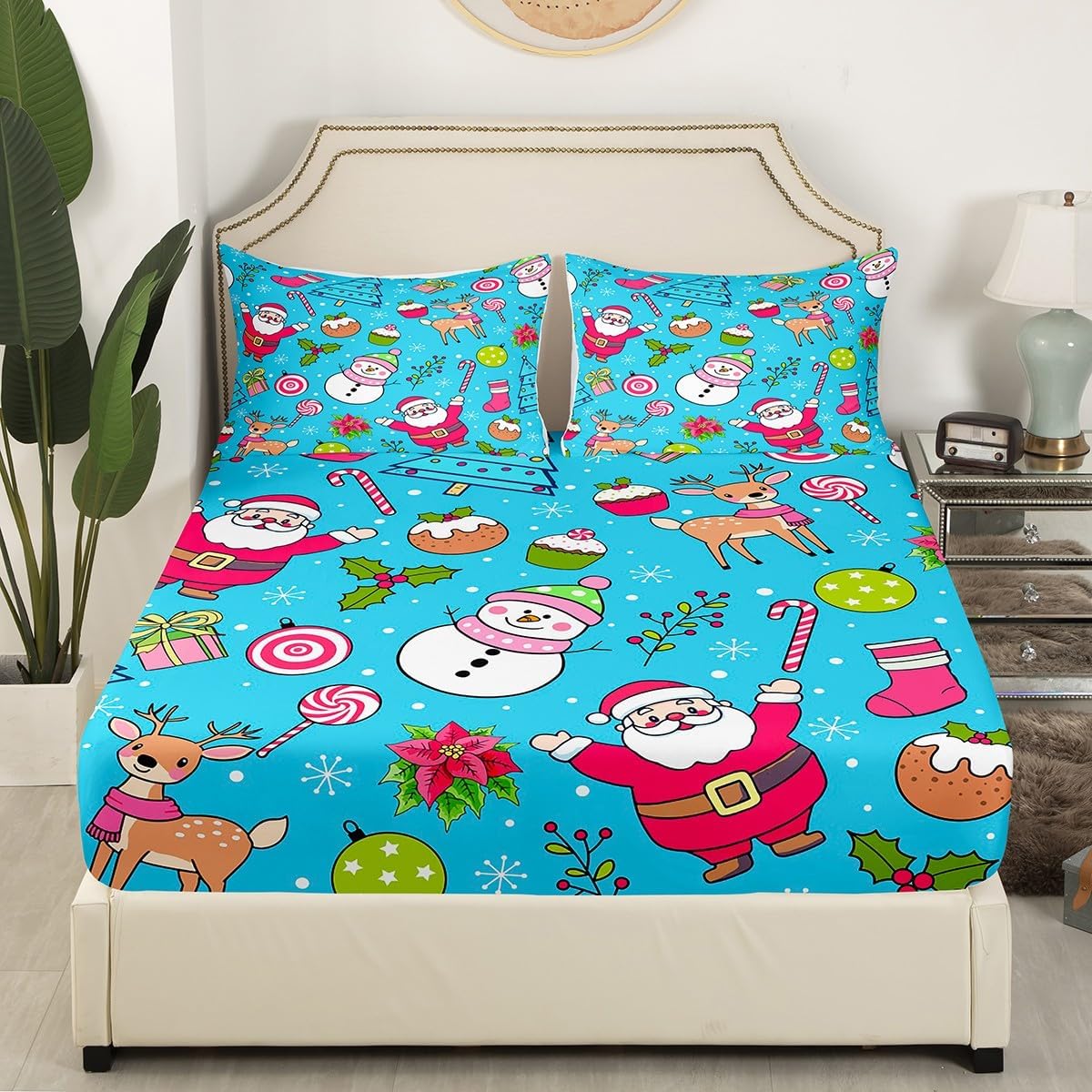 Santa Claus Kawaii Bed Sheets Cartoon Snowman Fitted Sheet，Xmas Elk Deer Sheet Set Poinsettia Flowers Christmas Ball Ornaments Top Sheet Queen,Green Christmas Tree Cute New Year Gift