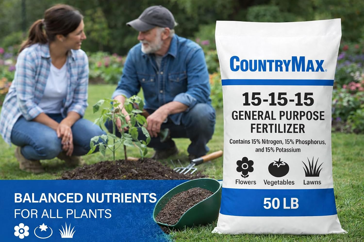 CountryMax 15-15-15 All Purpose Fertilizer, 50 lb Bag, Balanced Nutrition for Flowers & Vegetable Beds, Raised Gardens, Lawns & Grass, Supports Soil Health and Consistent Growth