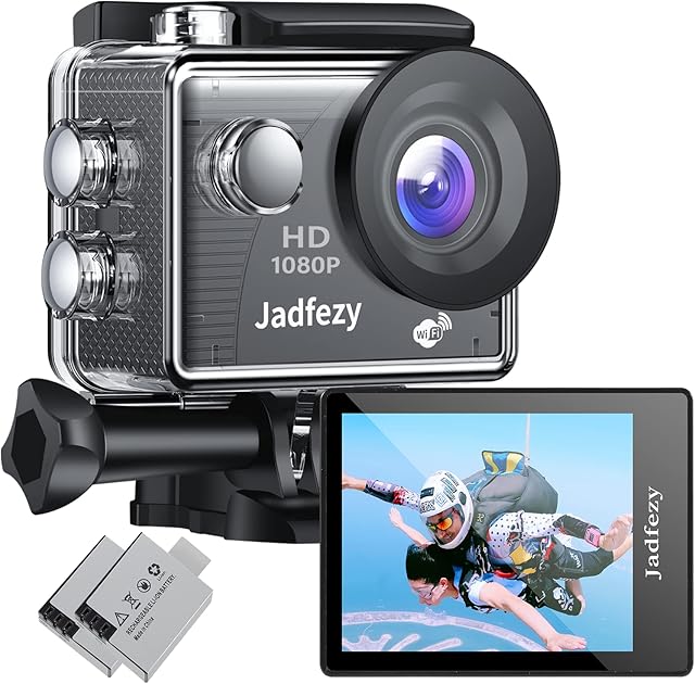 Jadfezy WiFi Action Camera Ultra HD 1080P, 12MP Sports Camera Wide-Angle 2" LCD Screen, 30m/98ft Underwater Waterproof Camera with 2 Batteries and Accessories Kit for Helmet and Bicycle etc.