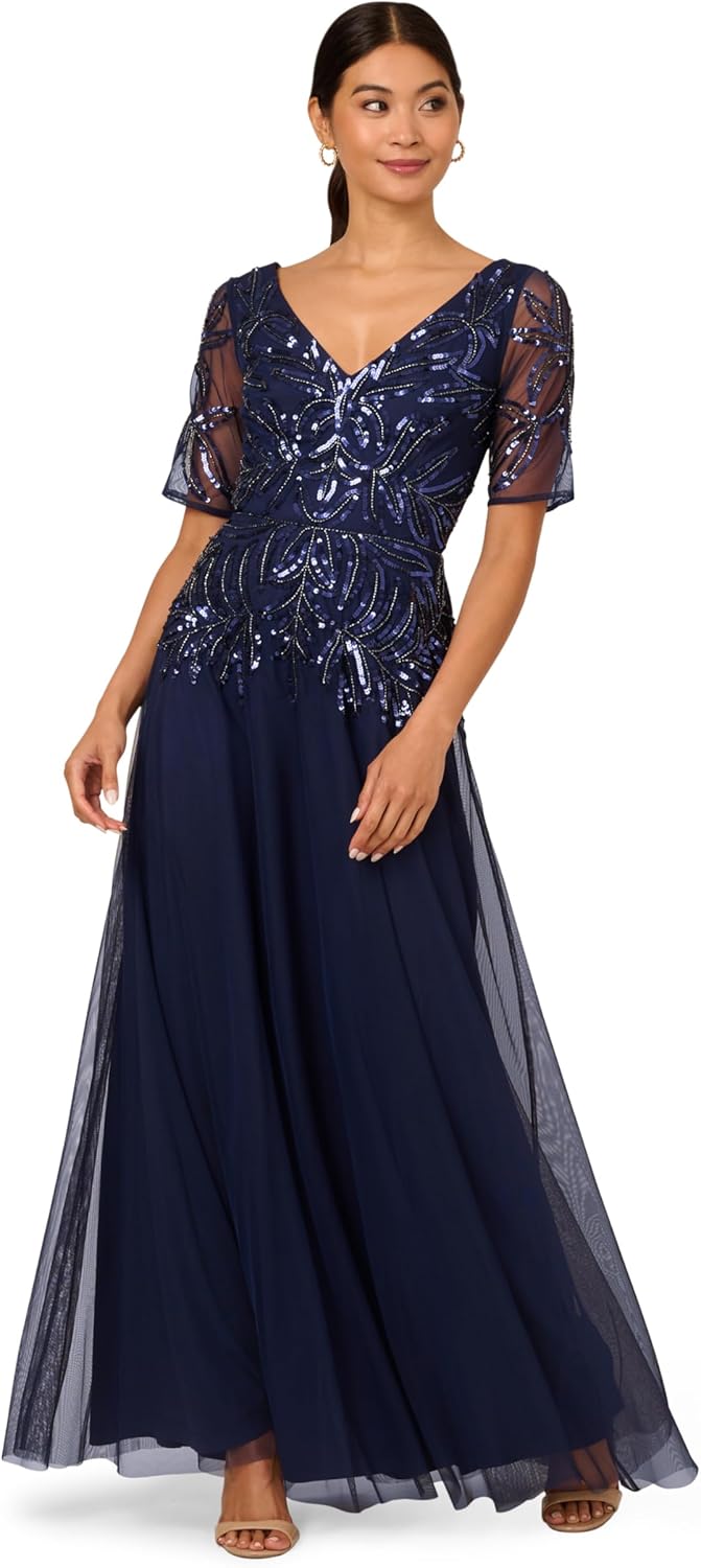 Adrianna Papell Beaded Mesh Long Dress, Green Slate