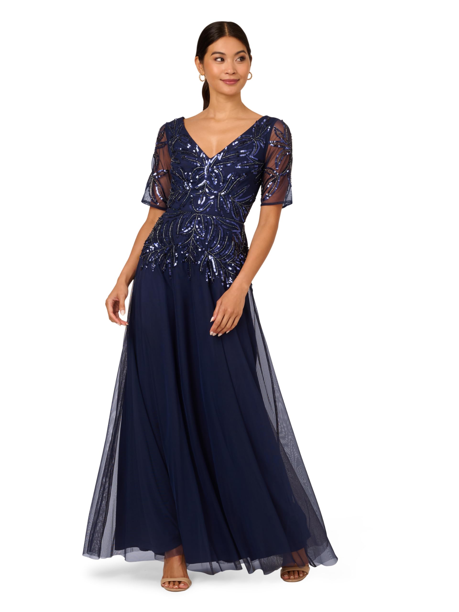 Photo 1 of Adrianna Papell Studio Women's Beaded Mesh Long Dress, Light Navy, 18