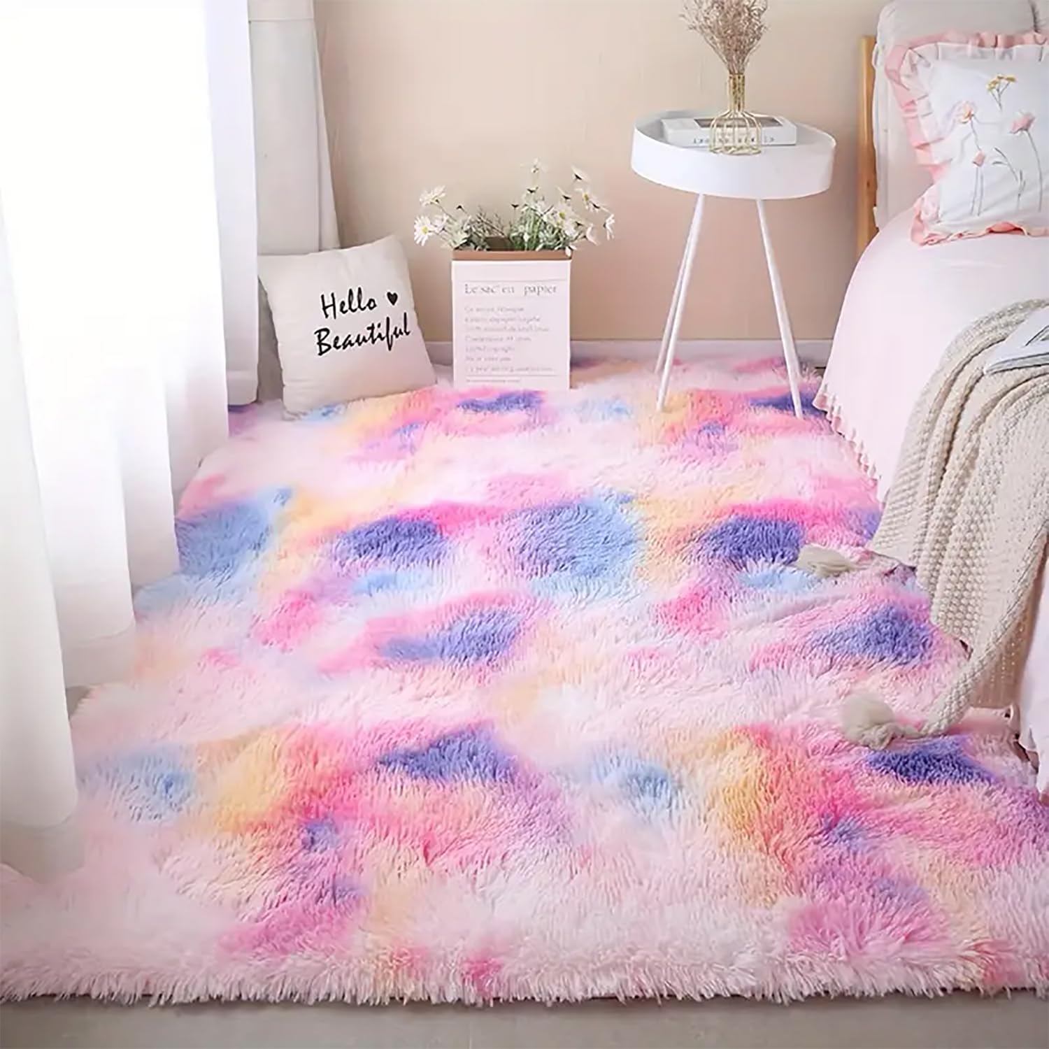 Aexpath Soft Tie-dye Rugs for Bedroom Living Room, Colorful Fluffy Area Rug Small Large Carpet, Pink purple 60x120