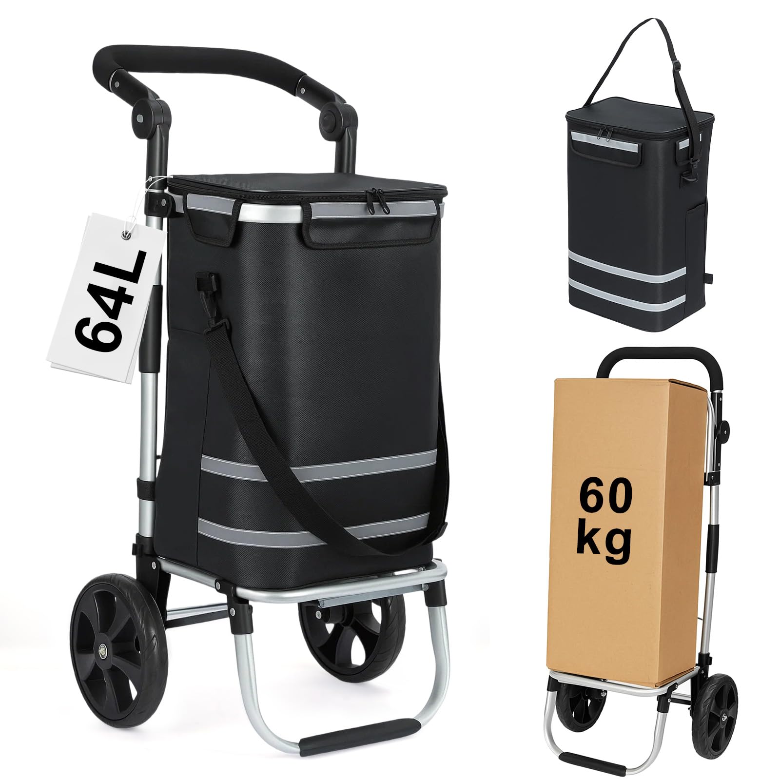 Einkaufstrolley 64 L, klappbarer Einkaufswagen mit Aluminiumrahmen, bis 60 kg Tragkraft, große Rollen & höhenverstellbarer Griff, Faltbare Einkaufstasche mit Kühltasche