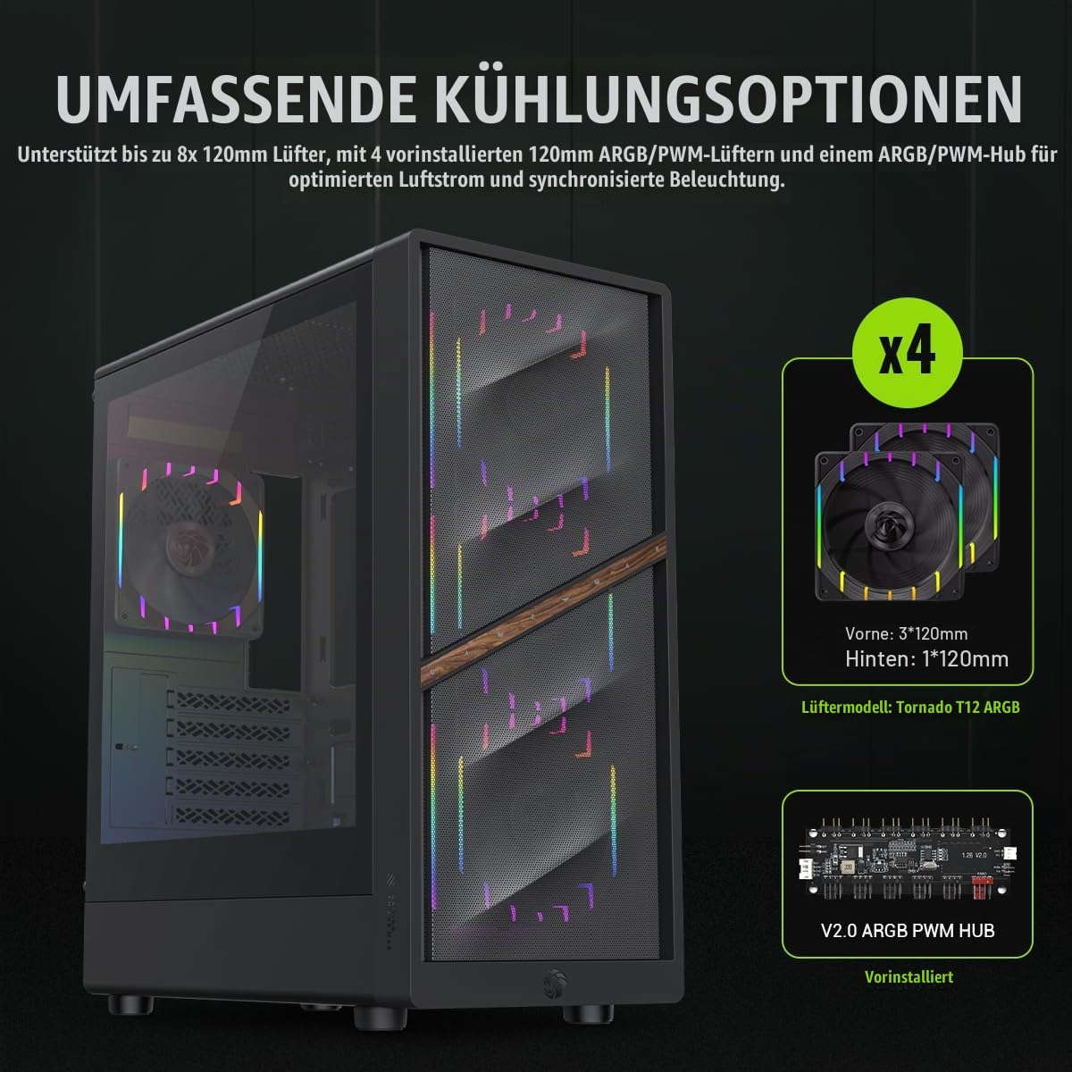 GAMEMAX AERIS 330 MB M-ATX PC Gehäuse, Gaming Case mit 4 ARGB Lüftern, 330 mm GPU, 240/360 mm Radiator, USB-C, Multi-Speicher, Schwarz