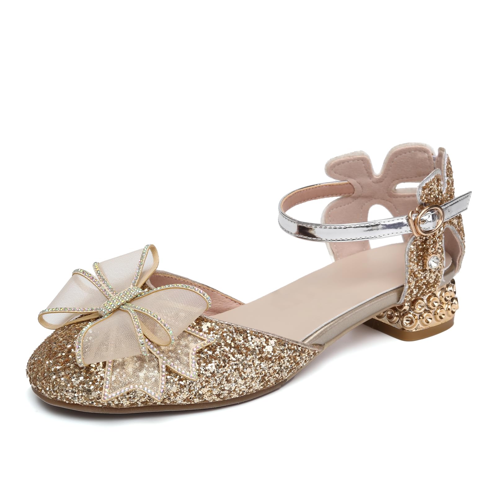 YCALCP Girls Sparkle Dance Shoes Dress Pumps Glitter Sequins Princess Low Heels Bows Mary Jane Party Dance Shoes Rhinestone Sandals, DS-2464-Gold-3cm, 7 M
