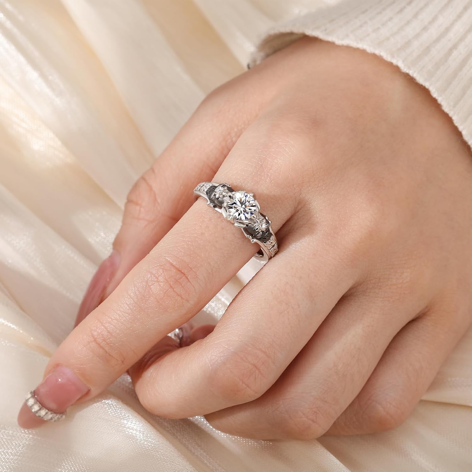 Jeulia 2 Carat Round Cut Diamond Skull Rings for Women Customized Bridal Sterling Silver TwoTone Wedding Band with European Shank Wedding Engagement Promise Rings for Her with GiftBox