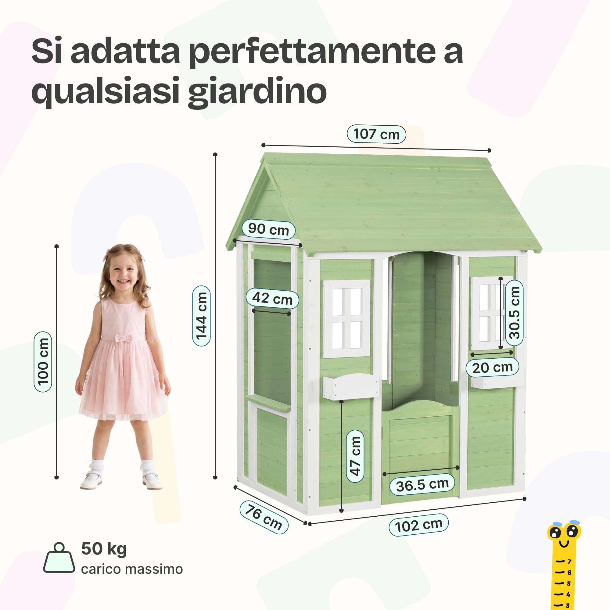 [en.casa] Casetta da Gioco per Bambini in Legno di Abete con Tetto a Capanna Finestre Fioriere e Cancello Casetta da Giardino per Bimbi 144x107x90 cm Verde/Bianco