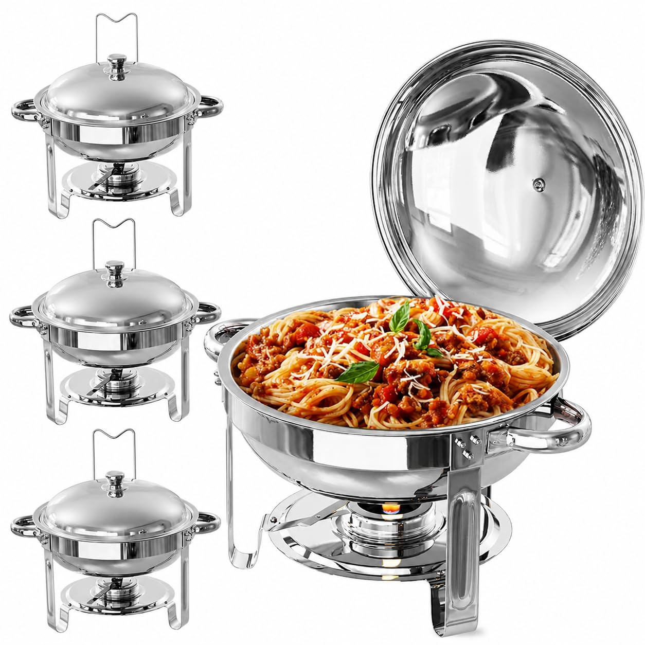 TLGREEN 4 Pezzi Set Chafing Dish Buffet Rotondo 4X5L, Scaldavivande in Acciaio Inox Contenitore Vassoio di Riscaldamento con Coperchi Pentole per Catering, Matrimoni, cene, Buffet, Feste