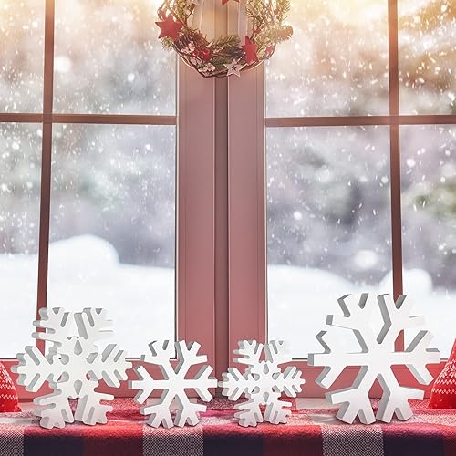 Miniatura 12 de Blulu 4 piezas de copos de nieve de madera de invierno, decoración de mesa, letreros de copo de nieve de Navidad, letreros de madera de invierno