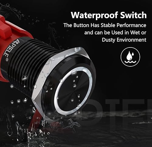 Miniatura 5 de APIELE Interruptor de botón de pestillo de 10 amperios de 0.630 in de 12 V, carcasa negra con ojo de ángel LED, impermeable, redondo,