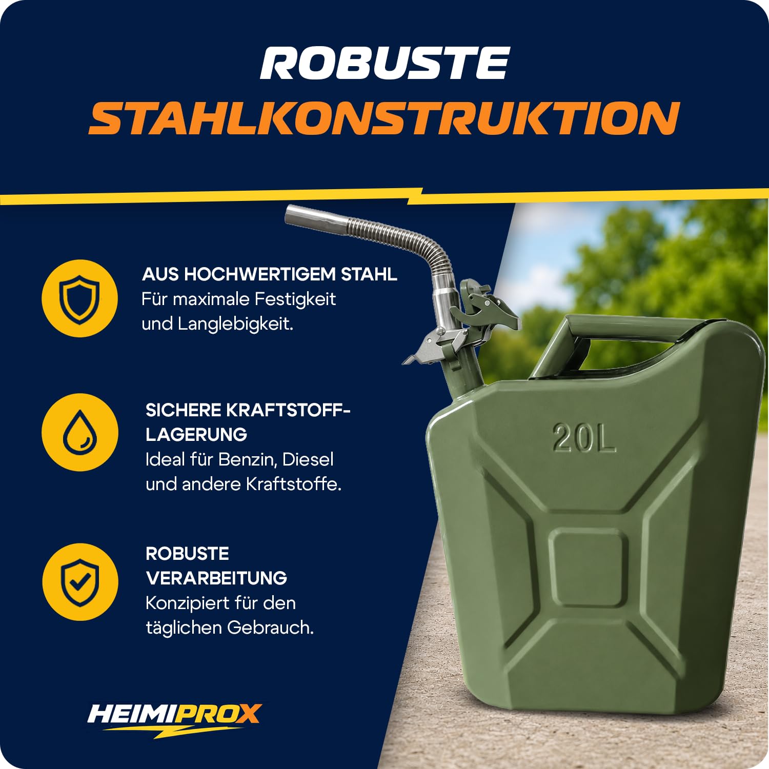 Benzinkanister 20l aus Stahl, inkl. Safety Pin - robuster Kraftstoffkanister 20l, Reservekanister für Treibstoff, Benzin, Diesel - 47x37x17cm & 3kg (Benzinkanister 20l mit Ausgießer)