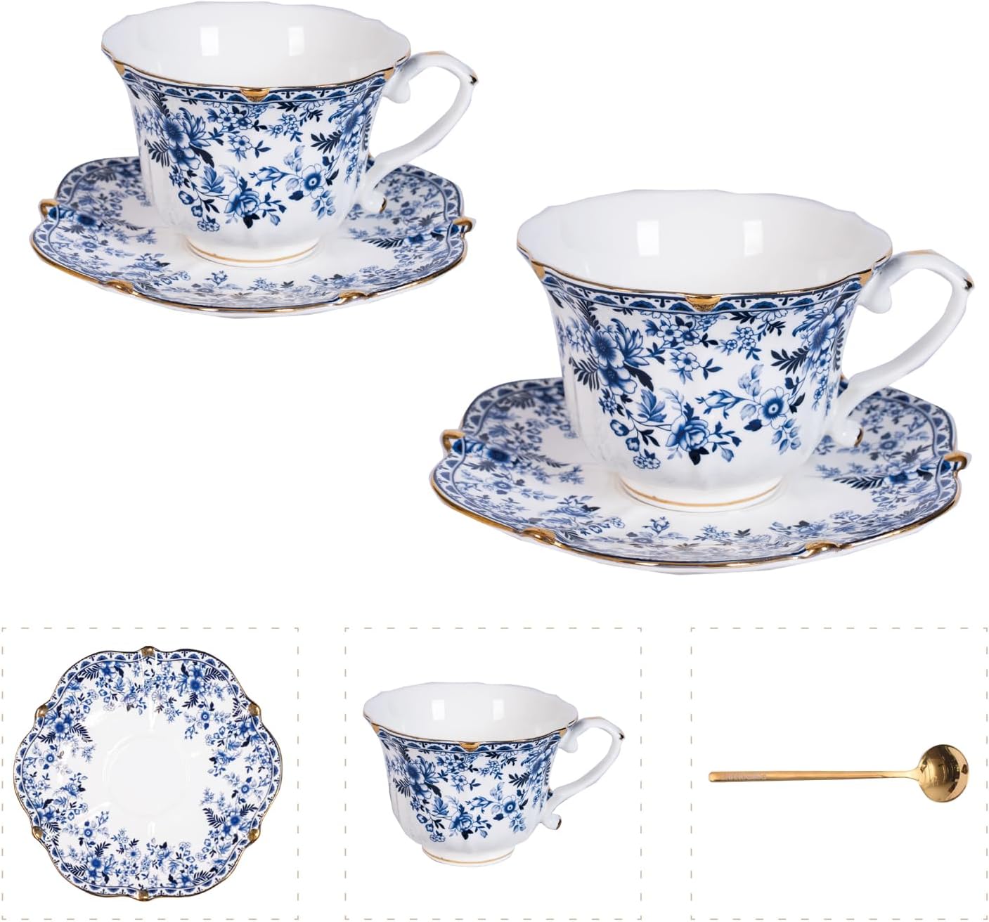 Vintage Floral Porcelain Tea Cup and Saucer Set with Spoon, Gold Trim, 6.4 oz – Set of 2, Blue – Tea & Espresso & Coffee Cups (2, China Flower)