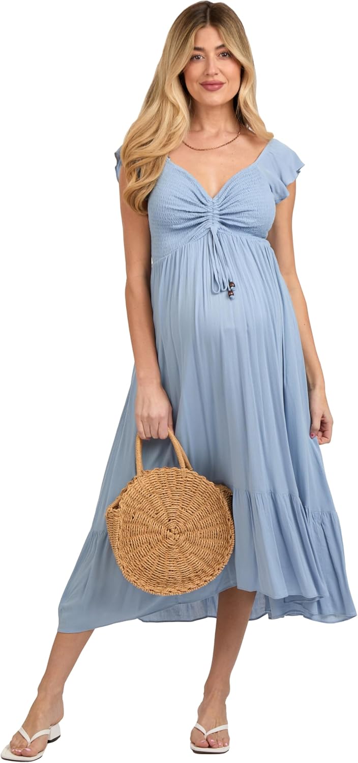 PinkBlush Light Smocked Ruched Ruffle Hem Maternity Maxi Dress
