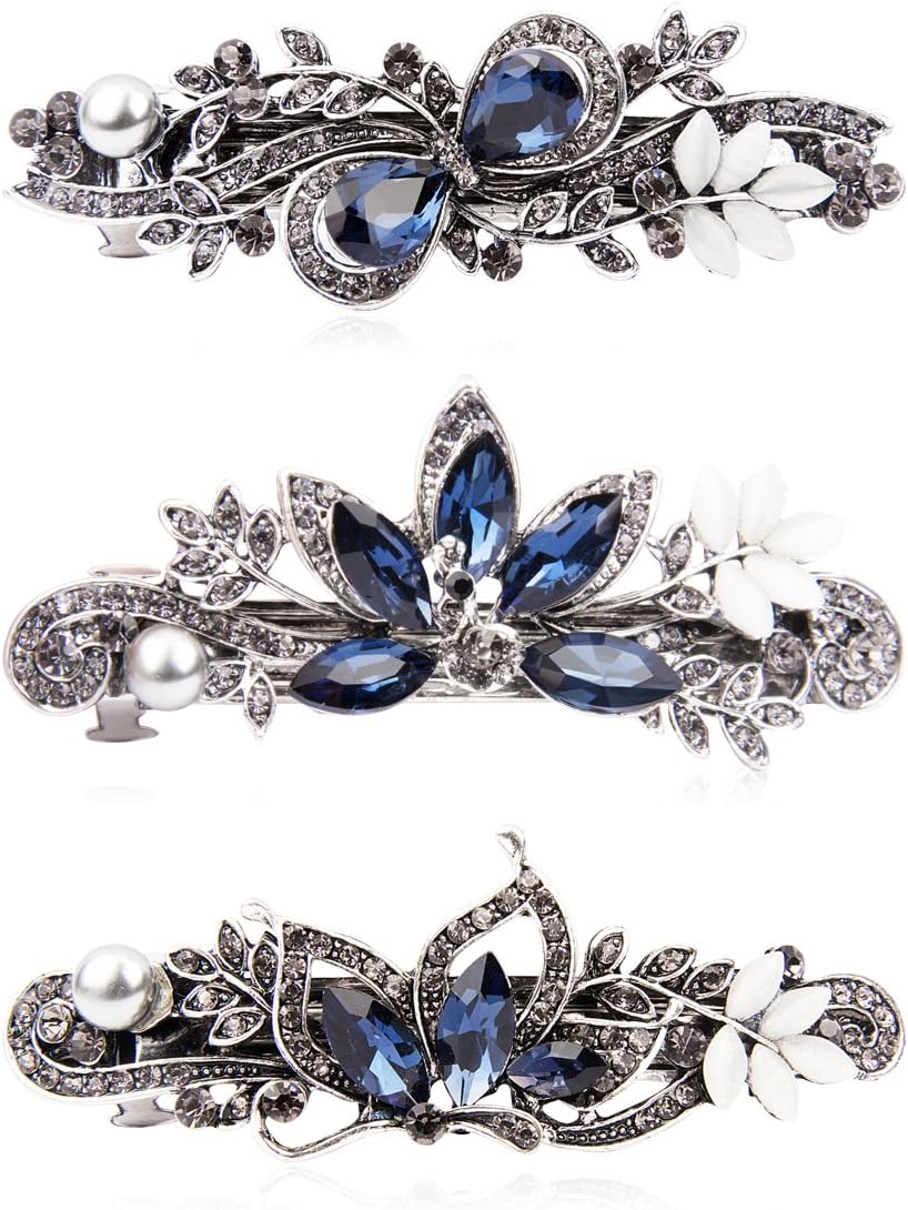 Barrettes for Women 3 Pack Vintage Shining Rhinestone Hair Barrettes Metal Flower Butterfly French Clip Faux Crystal Hair clip Spring Hair Barrette,Black and Navy (Pattern-A(3PCS))