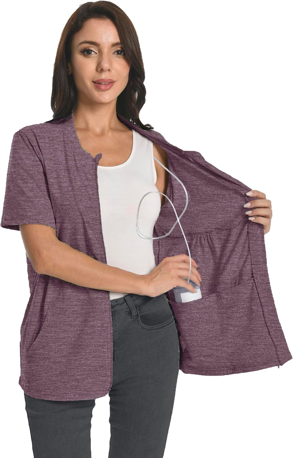 Post Mastectomy Zip Shirts with Drain Pockets Surgery Recovery Must Haves Clothing Comfy Short Sleeve Shirts - Image 2