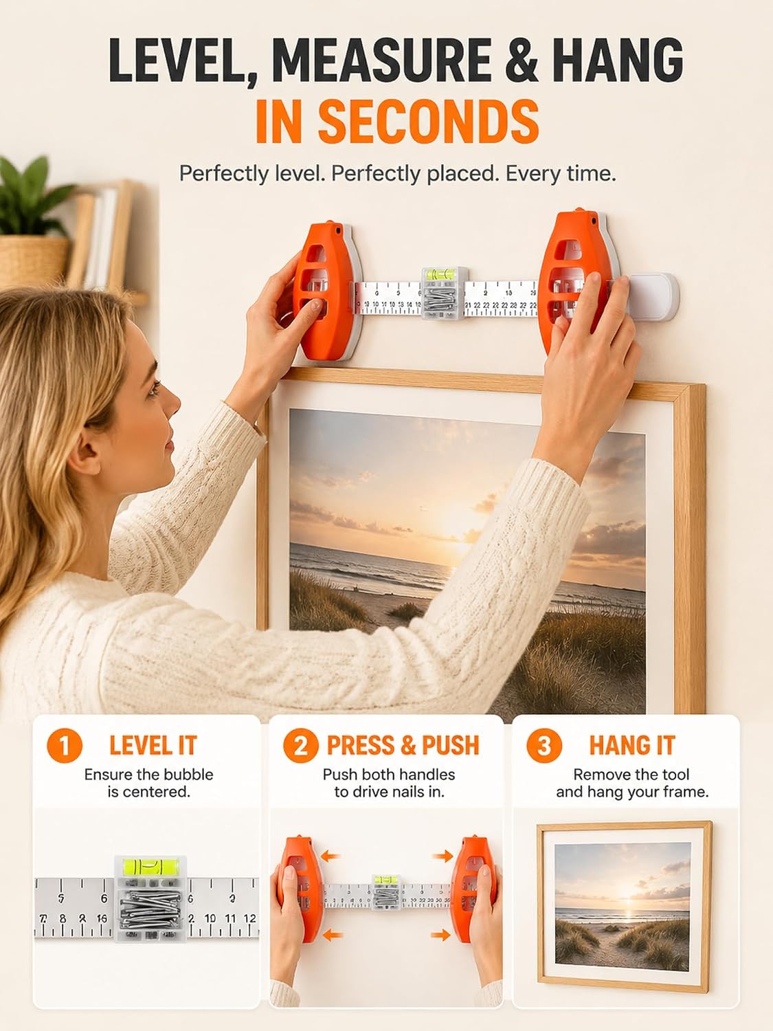 Hang Hero - My Hang Hero Picture Hanger, 3 in 1 Level Ruler Picture Hanging Tool with Level and Ruler - No Hammer Needed for Gallery Walls, Frames, Mirrors - Includes 20 Brad Nails