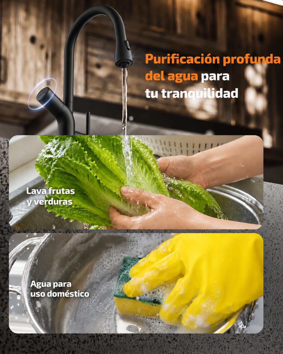 Cobbe Grifo de Cocina con Filtro de Agua, Pulverizador Extraíble, Monomando Giratorio de Caño Alto, Ayuda a Reducir Plomo, Cloro, Mal Sabor y Olores, 3 Filtros de Carbón, Negro