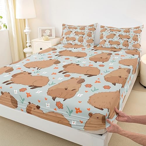 Miniatura 4 de Capybara - Juego de sábanas ajustables de tamaño matrimonial para niños, amantes de los animales, juego de ropa de cama para niños y adolescentes,
