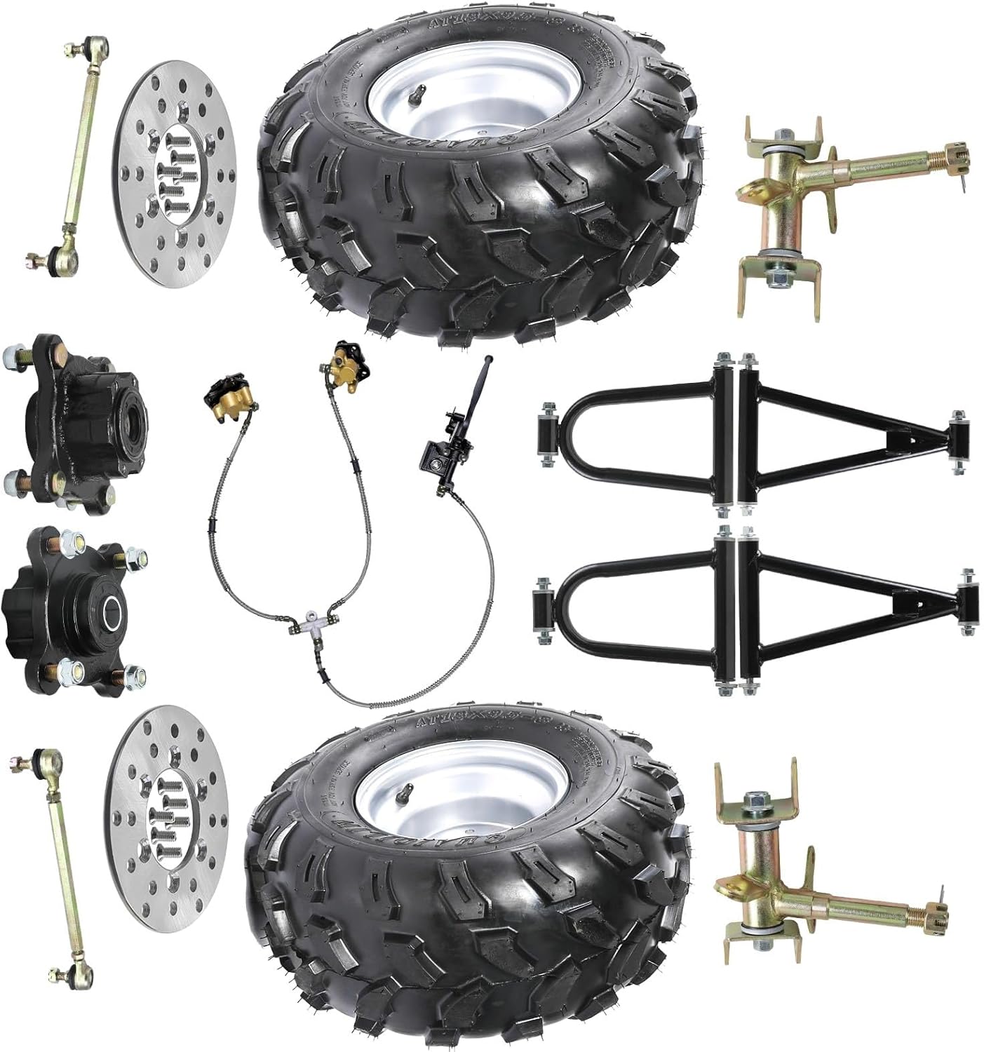 Go Kart ATV Front 18x9.50-8 Tire and Wheel & Suspension Kit with 4-Stud Tubeless Tires, Swing Arm, Steering Spindles & Hydraulic Disc Brake Assembly for Drift Trike Quad Buggy ATV