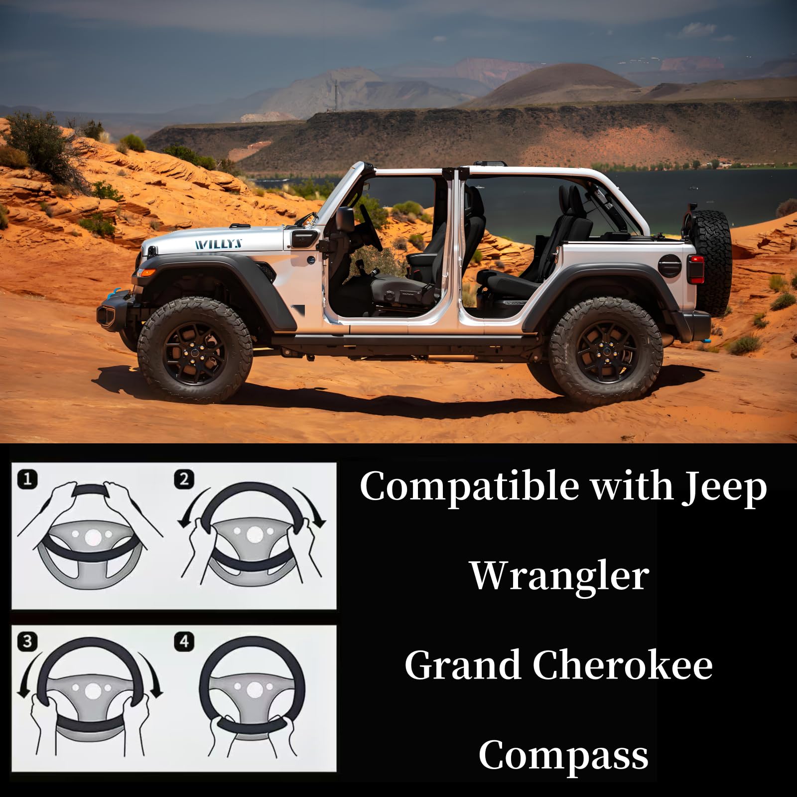 Yangday Funda de cuero para volante para Jeep Wrangler Grand Cherokee | Funda para volante de coche de 14.5 a 15 pulgadas con antideslizante y transpirable (azul)