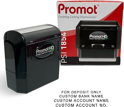 Promot Pre-Inked Custom Deposit Stamp - Personalized Text, Refillable Custom Stamp with Built-in Ink Reservoir, Easy 3-Step Re-Inking, Customized Rubber Stamp for Bank and Businesses 4-Lines